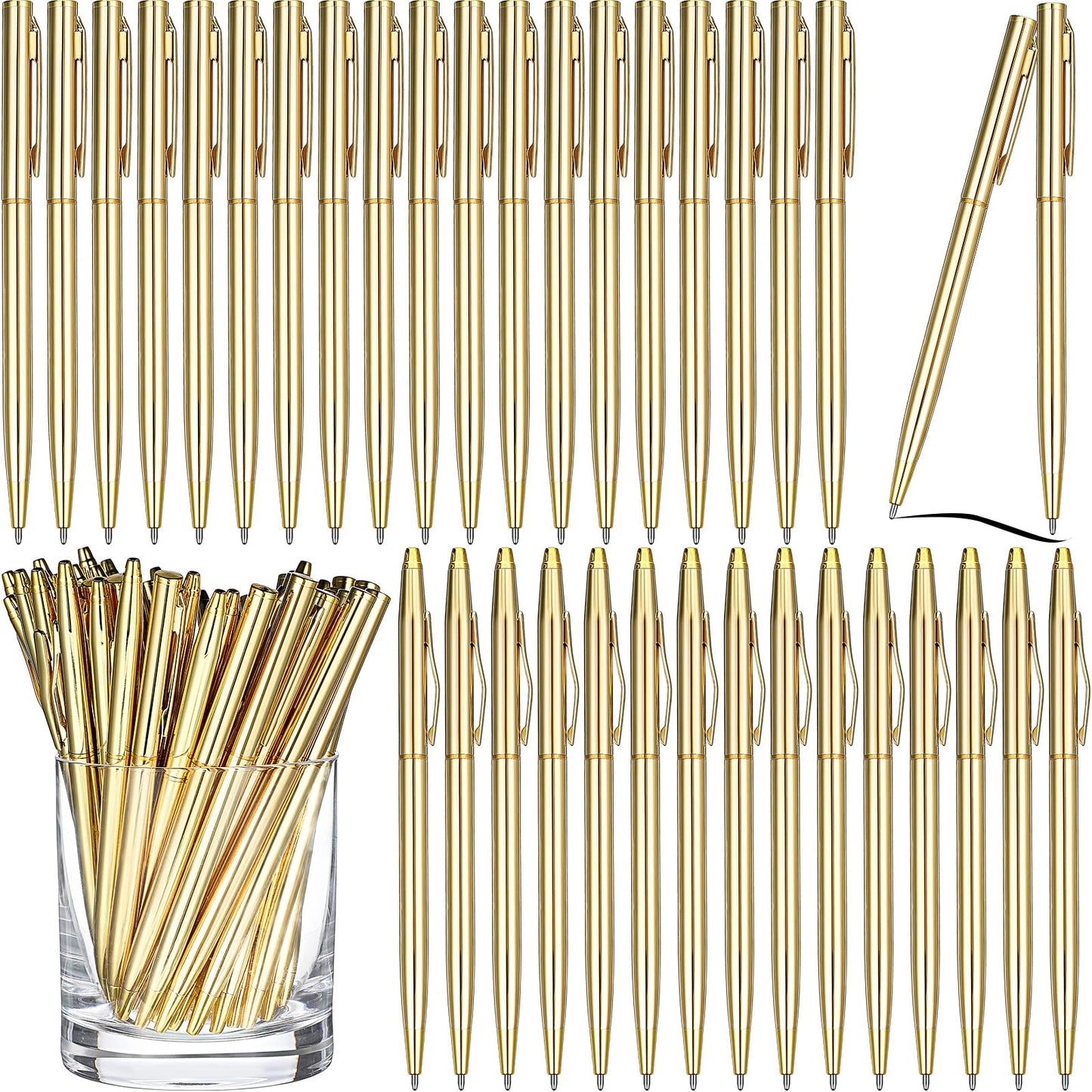 Fuutreo 50 Pack Gold Pens Bulk Metal Slim Ballpoint Retractable Black Ink
