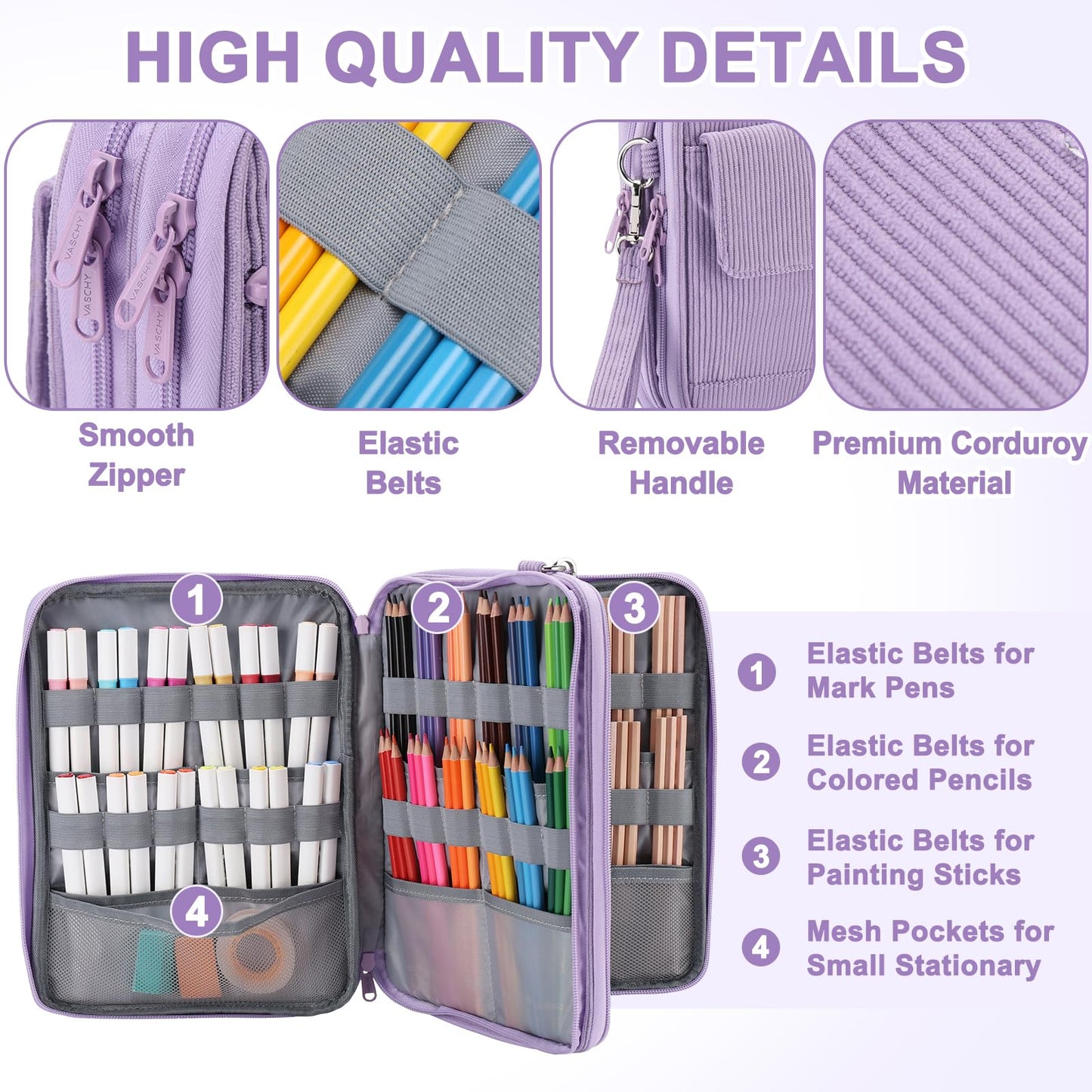 VASCHY Colored Pencil Case, Corduroy Large Pencil Pouch for Art Pens Markers Gel Pens Big Holder