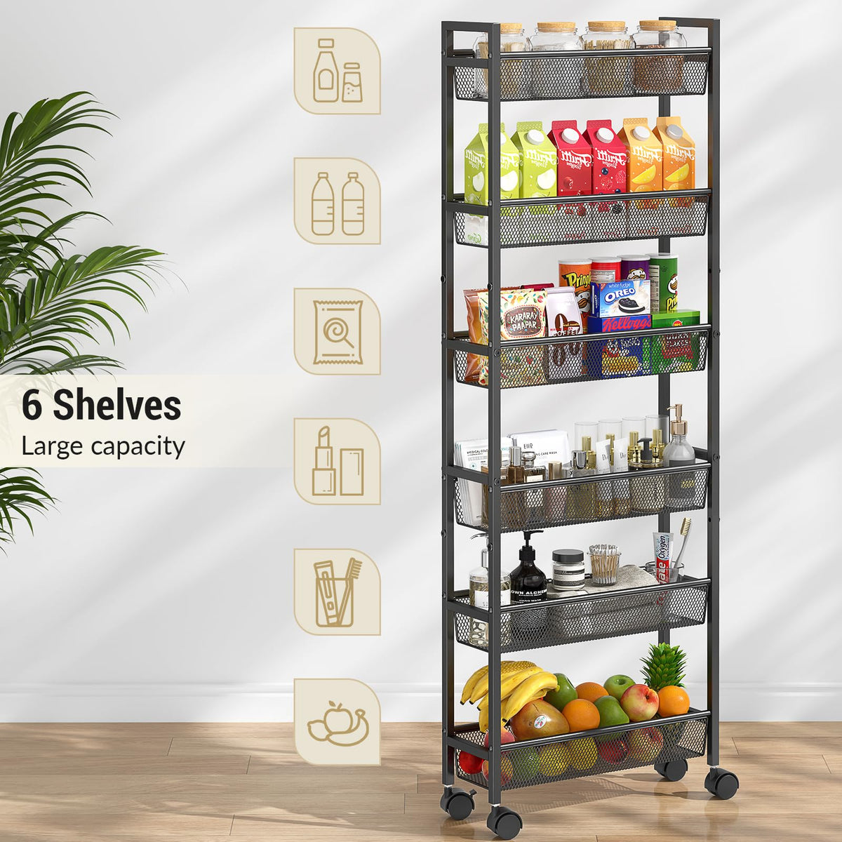 ThreeHio 6 Tier Slim Storage Cart, Narrow Cart with Wheels, Metal Mobile Shelving Unit Organizer
