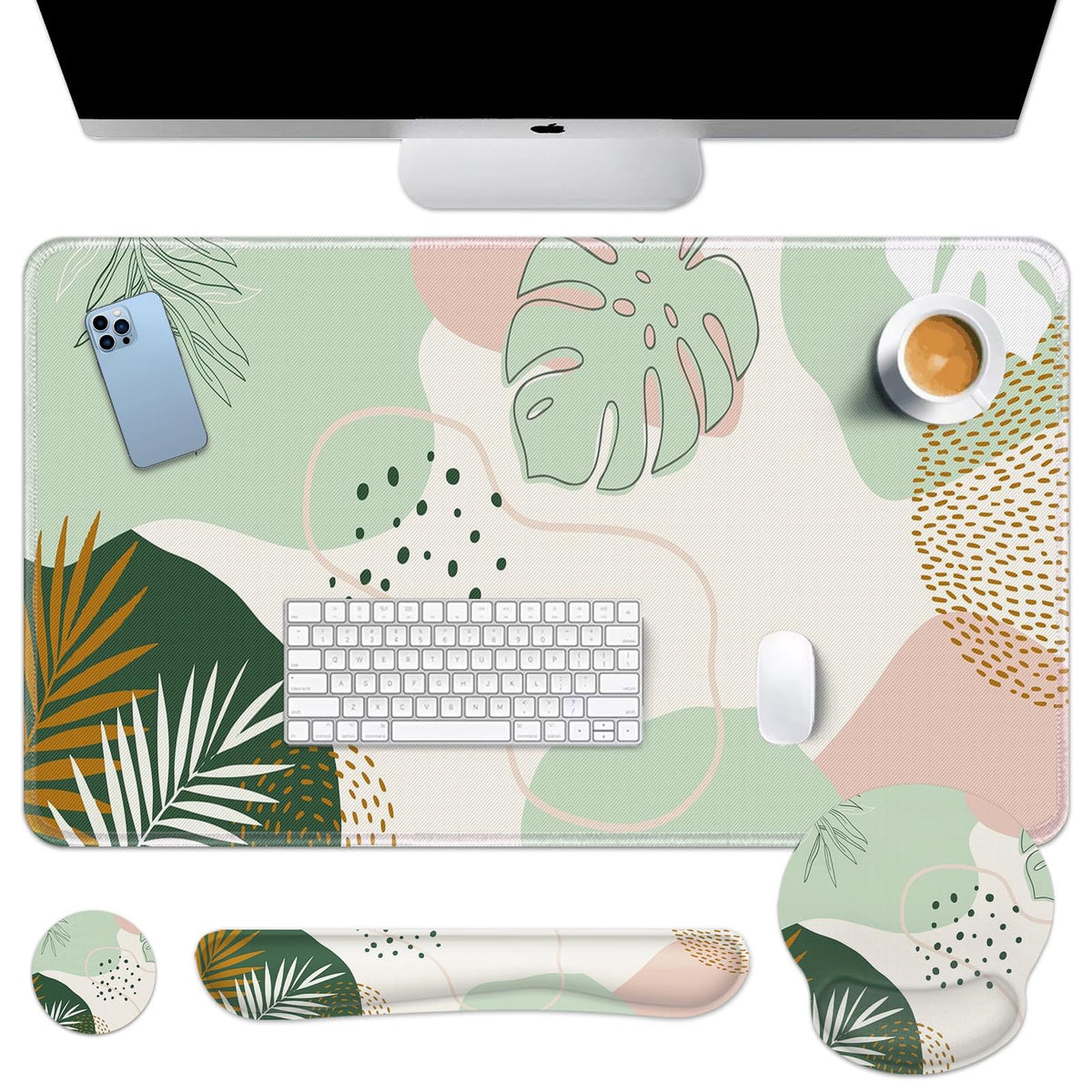 Britimes Keyboard Mouse Pad Set, 4 in 1 Desk Mat Set, Boho Green