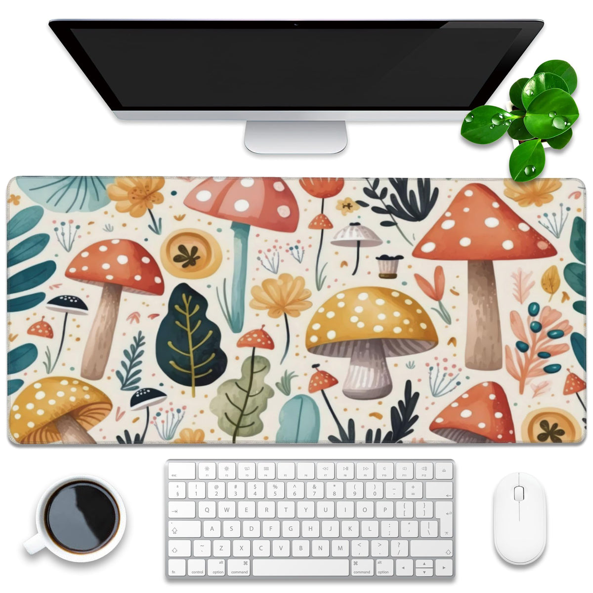 Desk Pad, Hand Drawn Charming Mushroom and Leaves Extended Gaming Mouse Pad Large, 35.4"x15.7" Big
