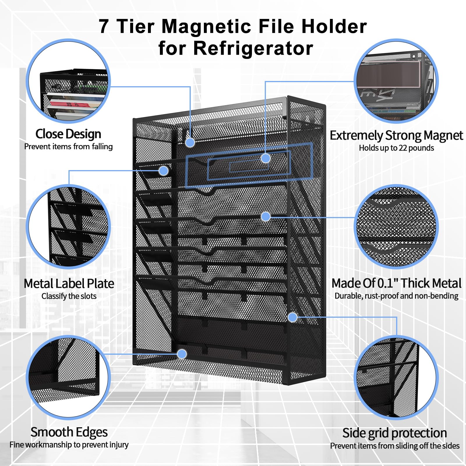 LQPAFZ 7-Tier Magnetic File Holder, No Drilling Wall File Organizer, Hanging File Organizer