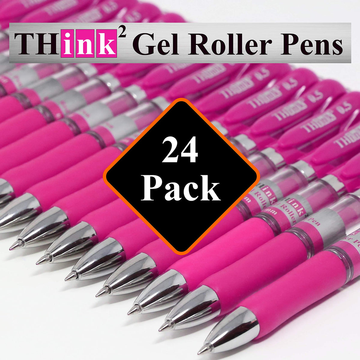 [24 Pens - Pink Ink] Think2 Retractable Gel Pens. (24 Pink) Fine Point (0.5mm) Rollerball Pens with