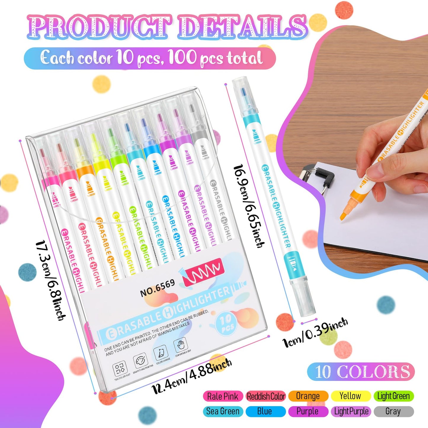 Zhehao 100 Pcs Erasable Highlighters Set, 10 Assorted Pastel Colors