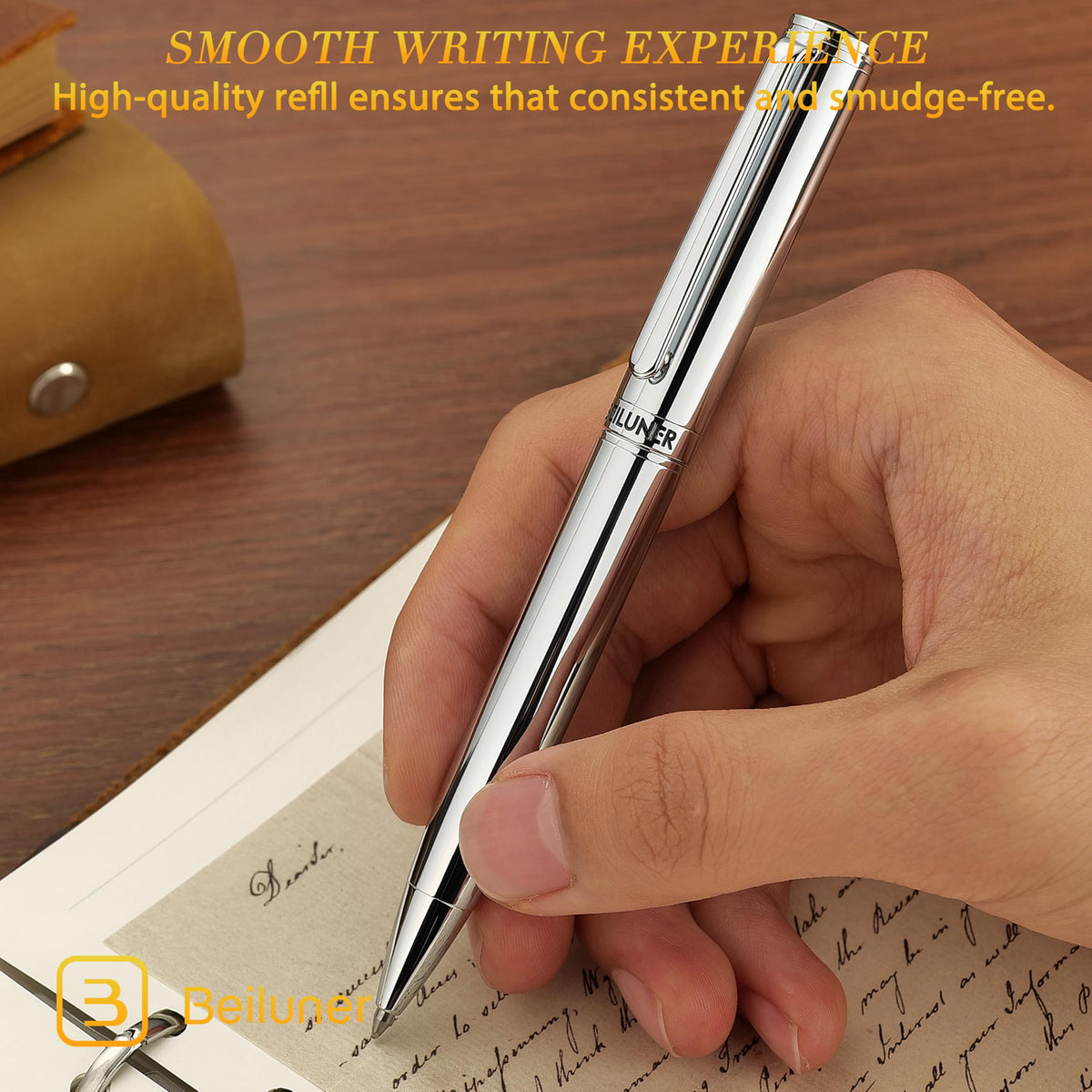 BEILUNER Silver Gel Pen - Luxury Featuring Bright Chrome Finishes, Black Ink Refill, Best Pen Gift