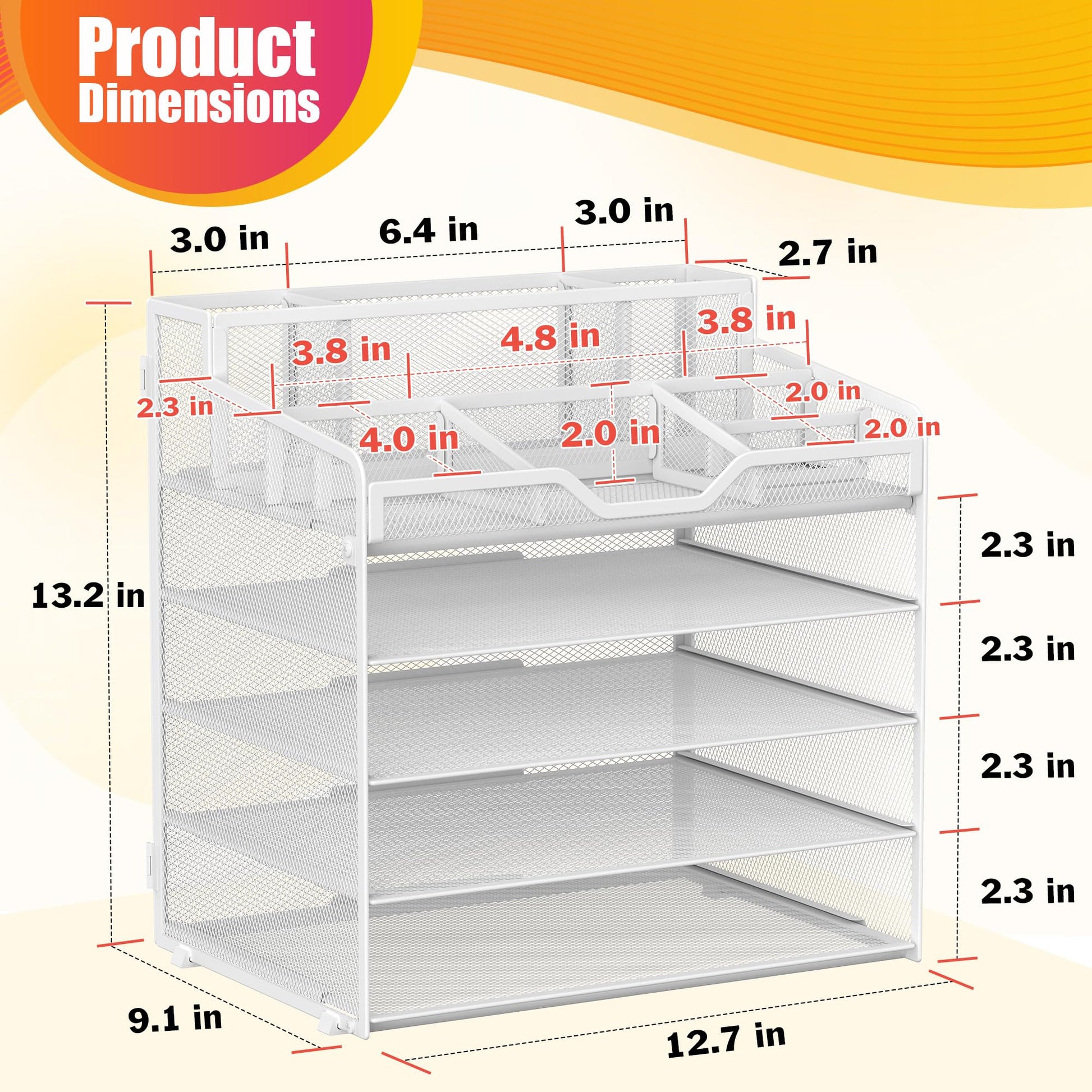 Docnest 5 Tier Mesh Desk Organizer with Letter Tray & Paper Sorter, White