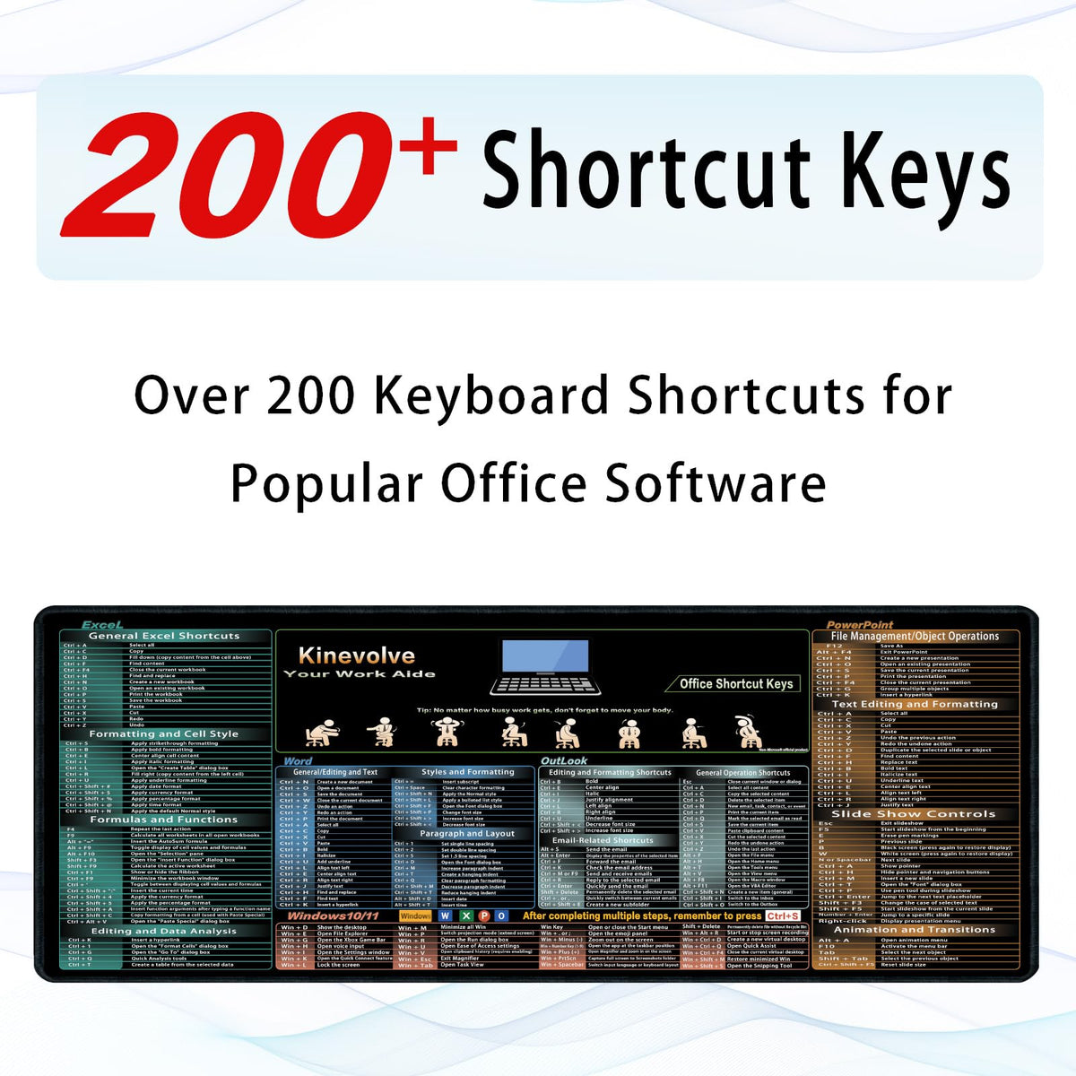Kinevolve Mouse Pad for Excel/Word/Outlook/PowerPoint Cheat Sheet, Extended Large XL Office