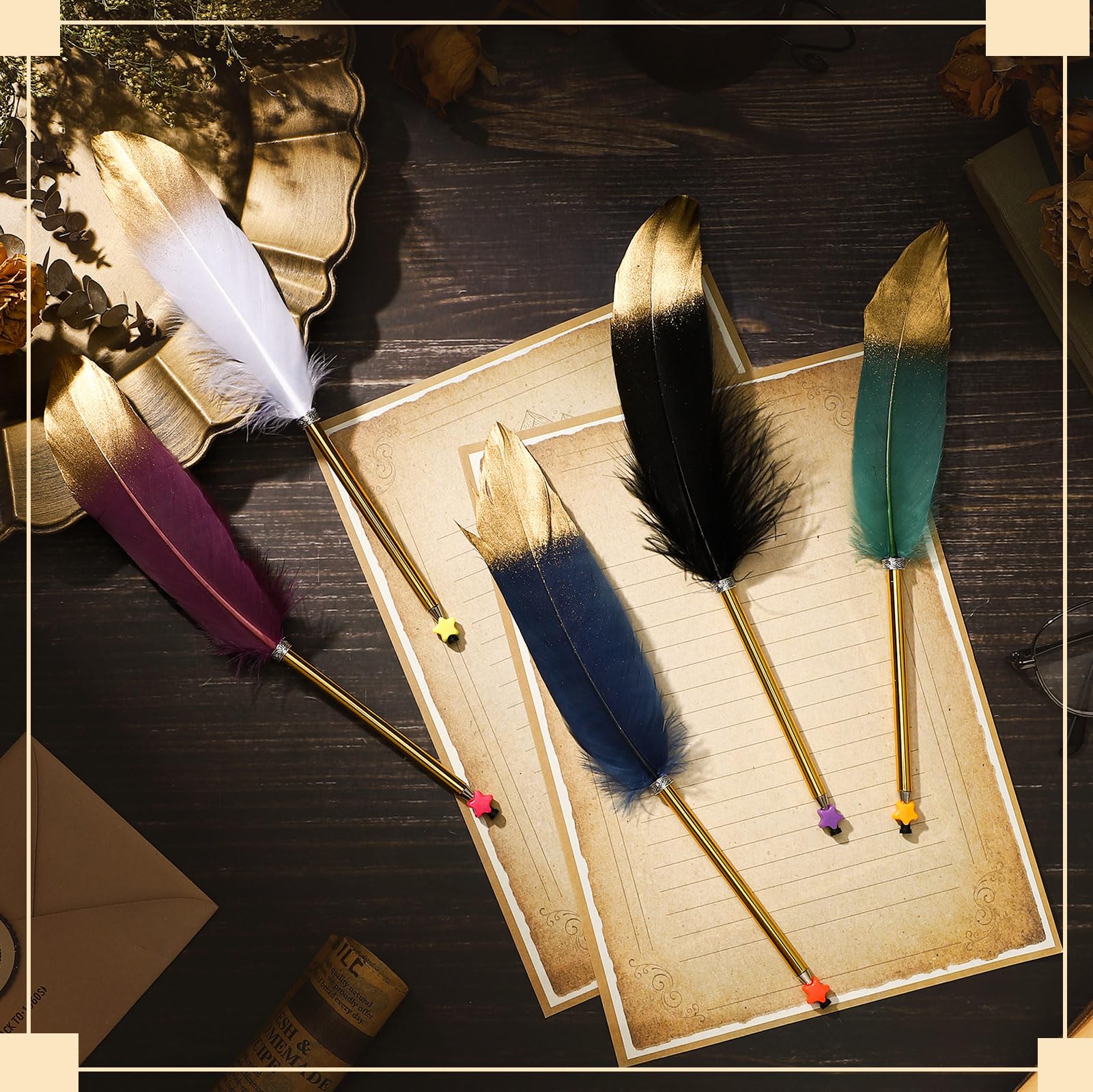 Censen 20Pcs Feather Quill Pen Black Ink Vintage Ballpoint Pen, Dark Color