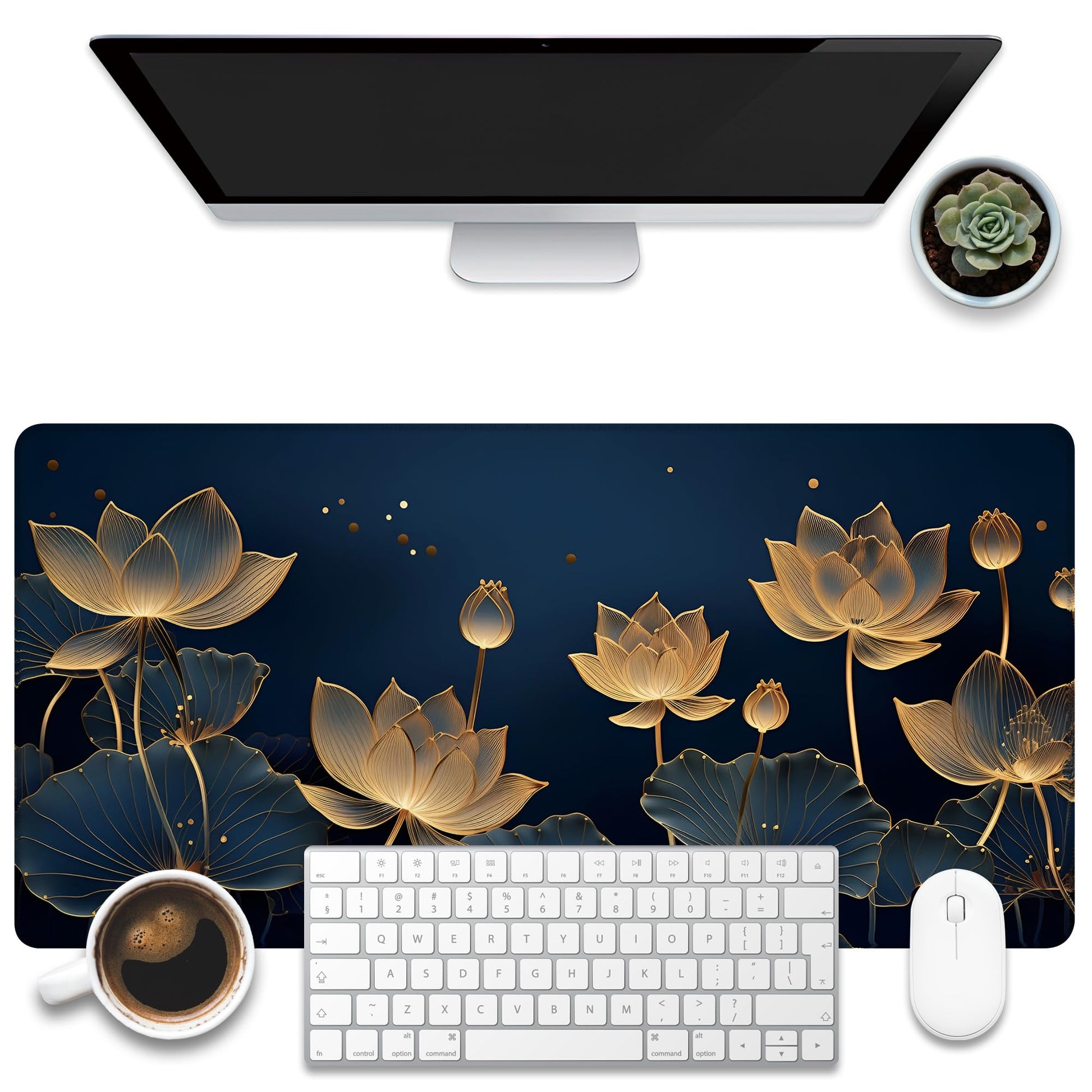 KOAIWPAE Desk Pad,Luxury Golden Lotus Line Arts Desk Mat,Dark Blue Background Large Gaming Mouse