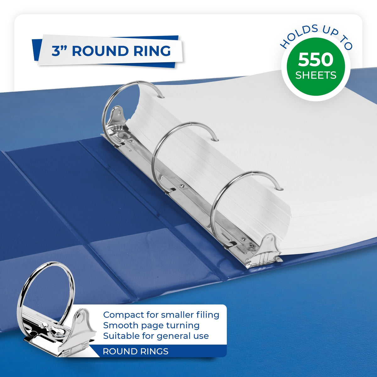 Samsill 3 Inch 3 Ring Binders, Economy Round Ring, Clear View Cover, 550 Sheet Capacity - for