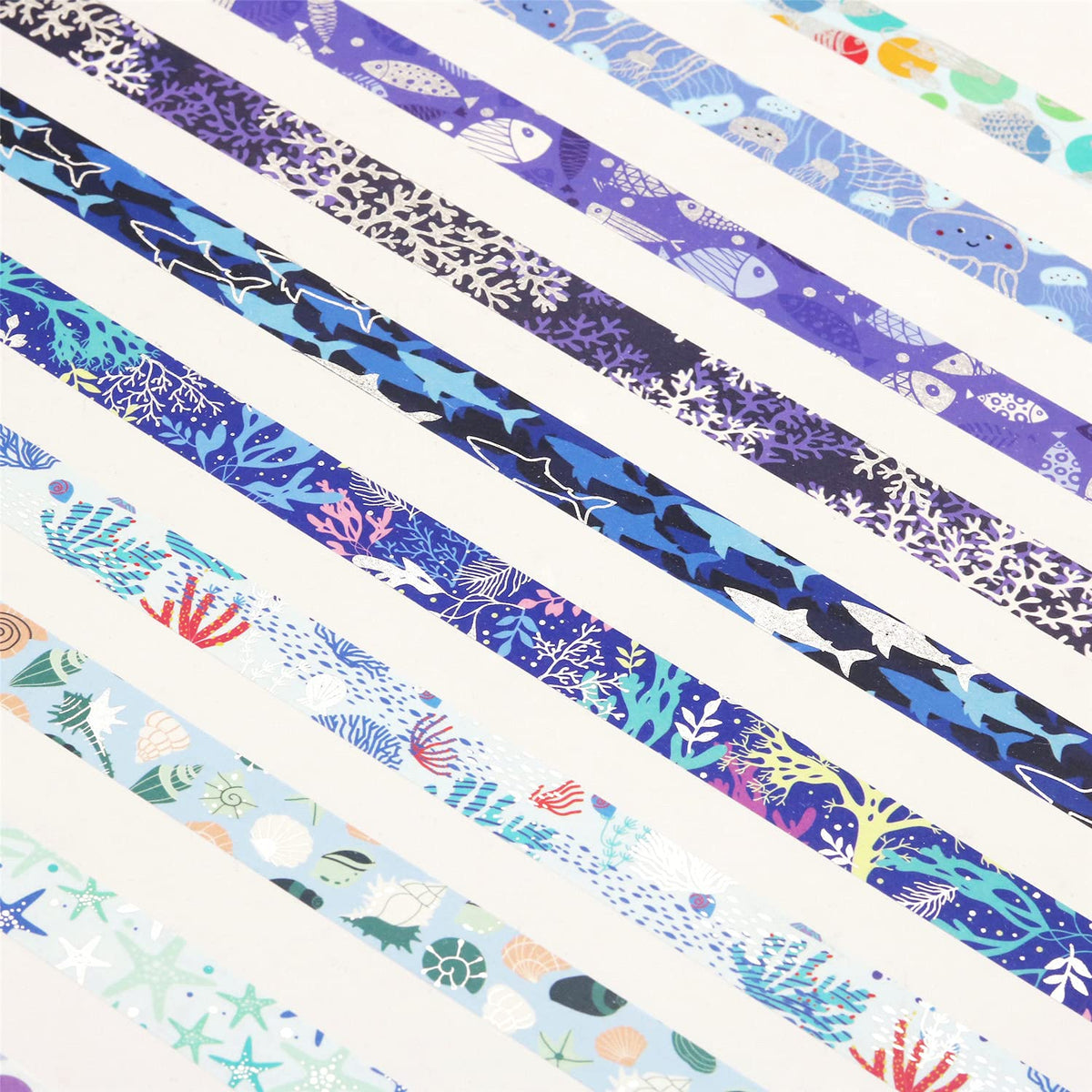 YUBX Ocean Blue Washi Tape Set 10 Rolls Silver Foil Print Decorative Masking Tapes for Arts, DIY