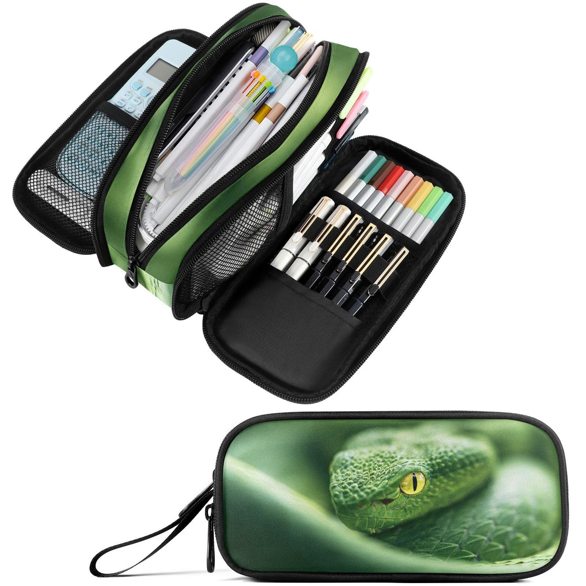 Fustylead Green Snake Large Pencil Case, Minimalist Portable Stationery Bag Cosmetics Bag with