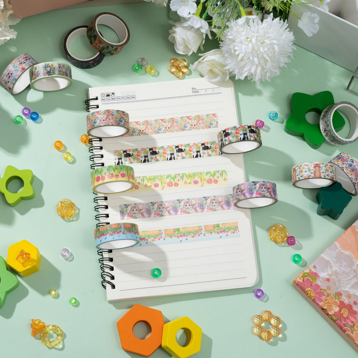 BkeeCten Spring Flower Washi Tape - 12 Roll Vibrant Cat Flower Scrapbook Washi Colored Painters