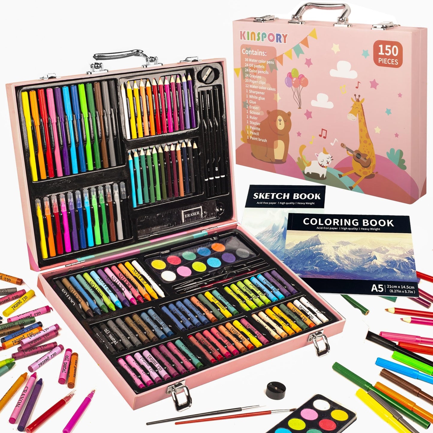 KINSPORY 150PC Art Set with Sketch Book, Coloring Art Kit Drawing Art Supplies Case, Markers Crayon