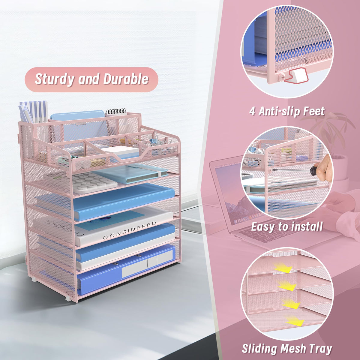 OrgMate 6 Tier Mesh Paper Desk Organizer with Pen Holders, Pink