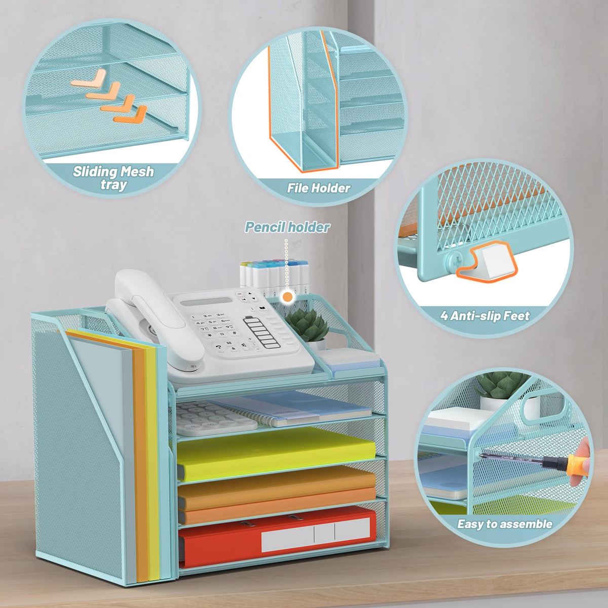 DocNest 5 Tier Metal Mesh Desk File Organizer with Phone Shelf, Blue