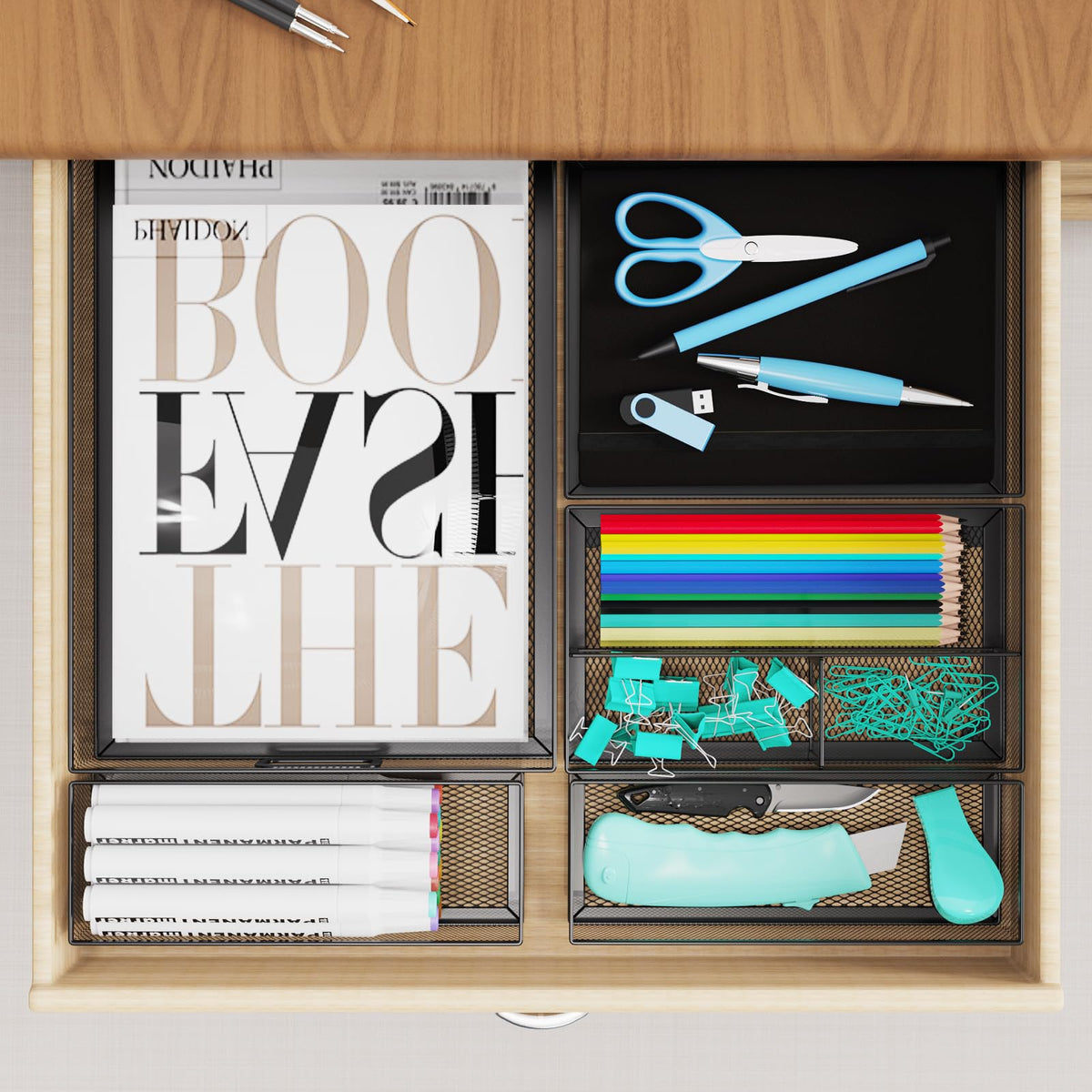 ITAYVAN 5 Pack Desk Drawer Organizers, Metal Mesh Office Desk Drawer Organizer Tray, Paper