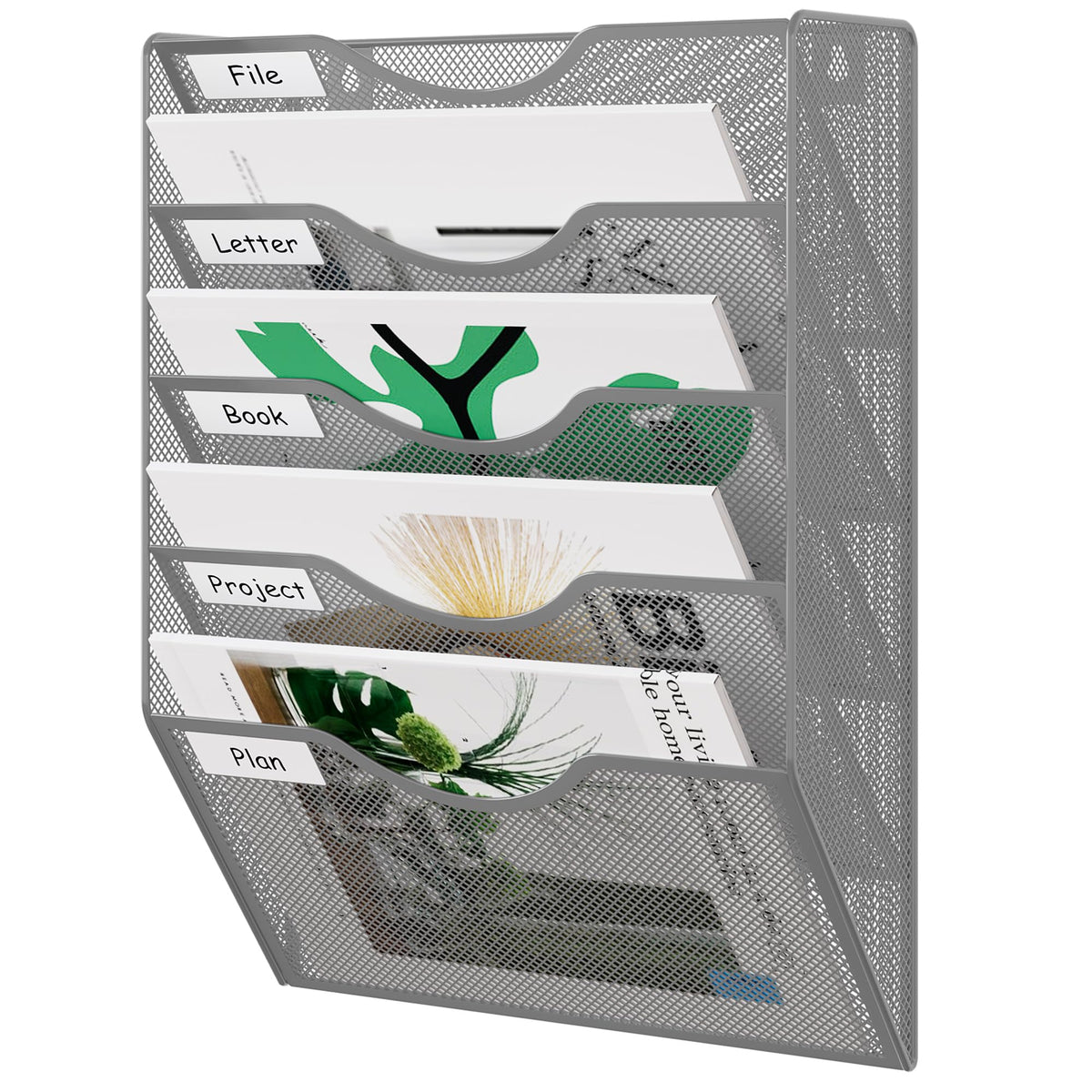 EasyPAG Wall File Organizer 5 Tier Hanging Paper Folder Holder, Zero Assembly Metal Mesh Wall