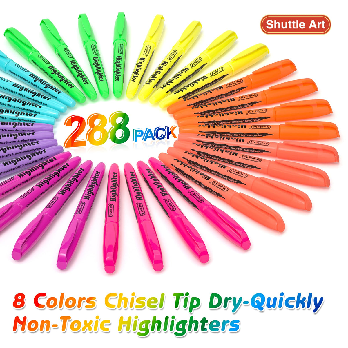 Shuttle Art 288 Pack Highlighters, Highlighters Assorted Colors Set, 8 Bright Colors Chisel Tip