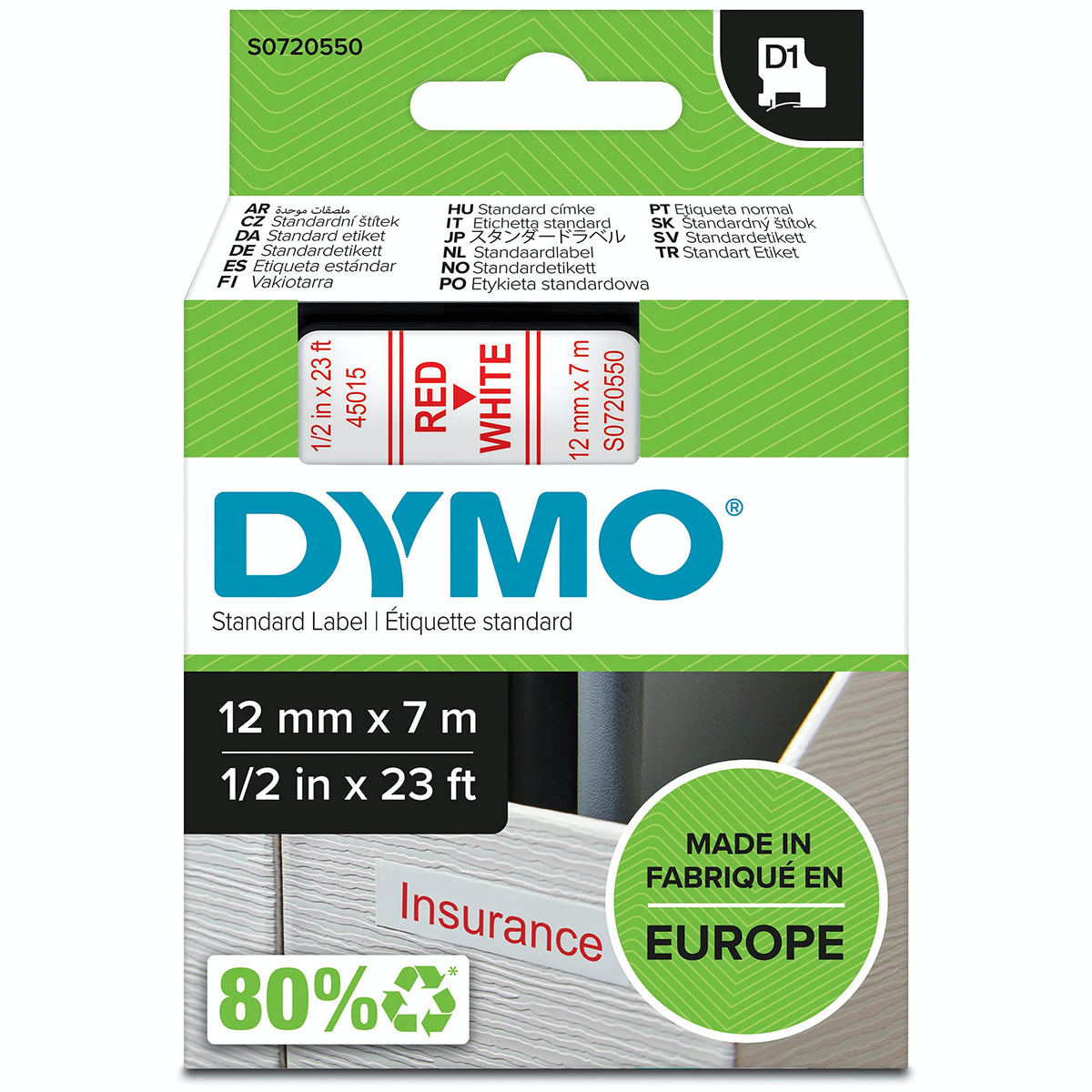 DYMO D1 Labels, 12mm x 7m Roll, Red Print on White, Self-Adhesive Labels for LabelManager Label