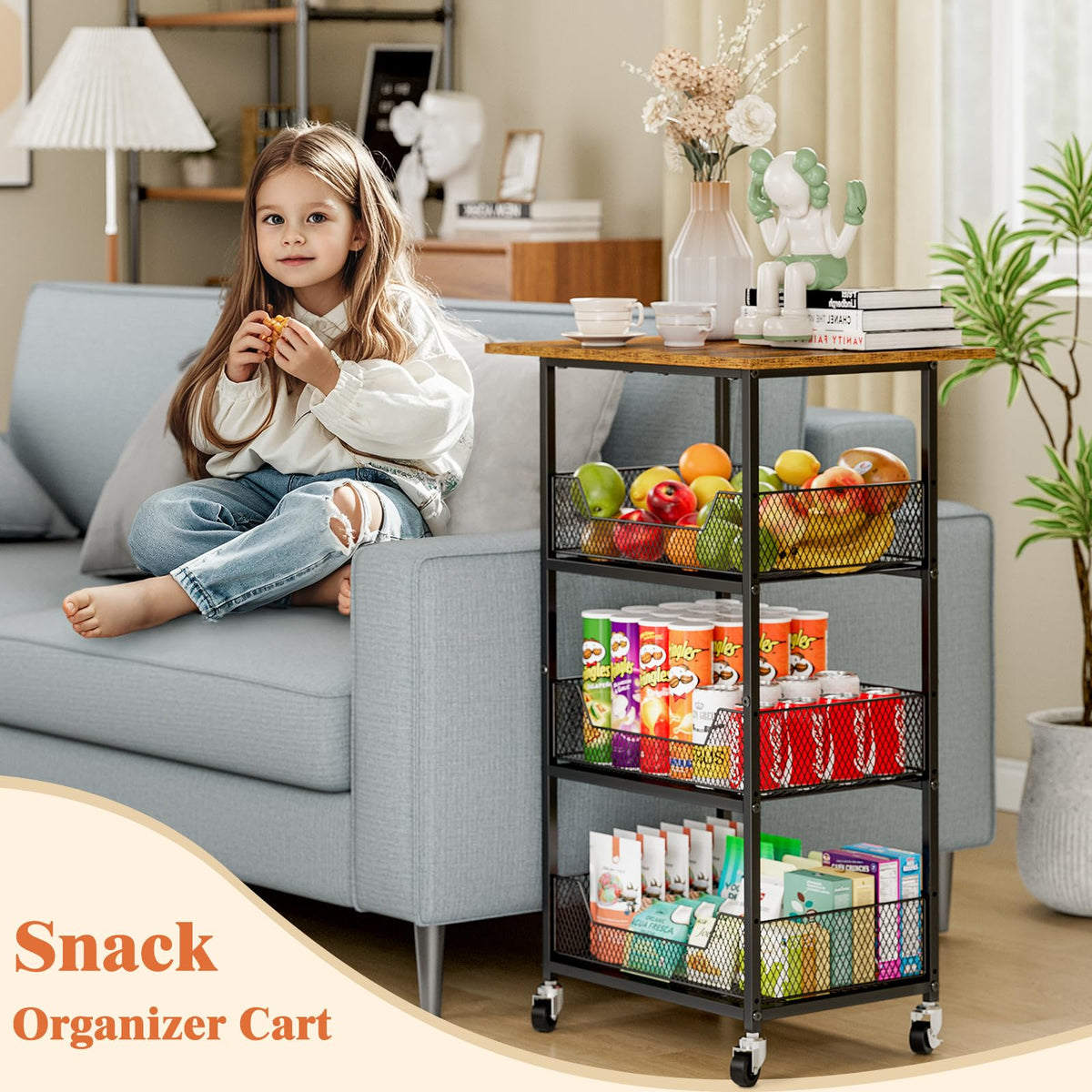 ThreeHio Rolling Kitchen Microwave Cart with Fruit Baskets, 4 Tier Microwave Table Stand with