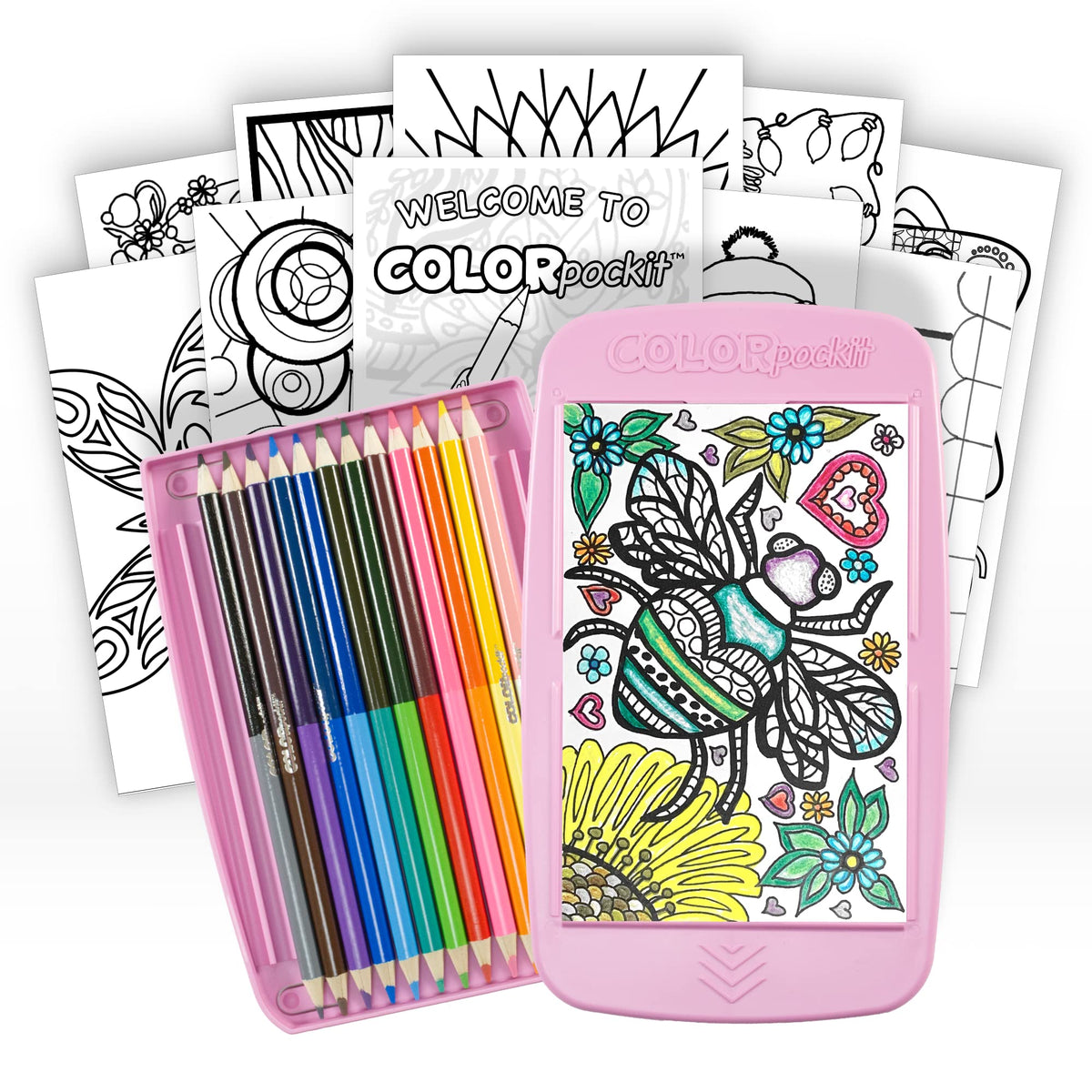 Colorpockit Coloring Kit Travel Art Set with Colored Pencils, 4x6 Coloring Cards, Built in