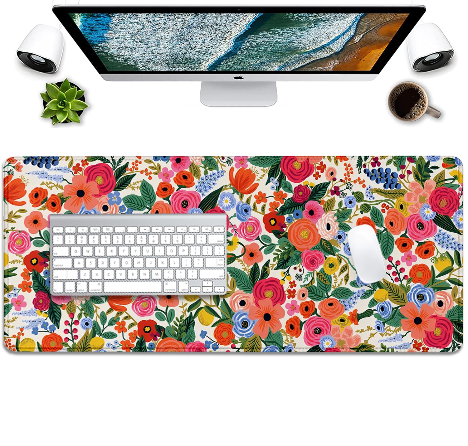 Garden Party Extended Desk Pad Flowers Mouse Pad,Gaming Desk Pad with Stitched Edges Non-Slip