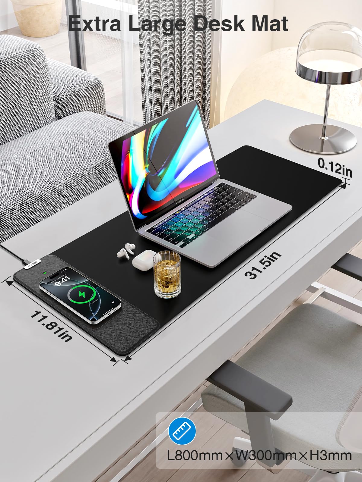 Wireless Charging Mouse Pad, 31.5"x11.8" Large Desk Mat, Smooth Glide