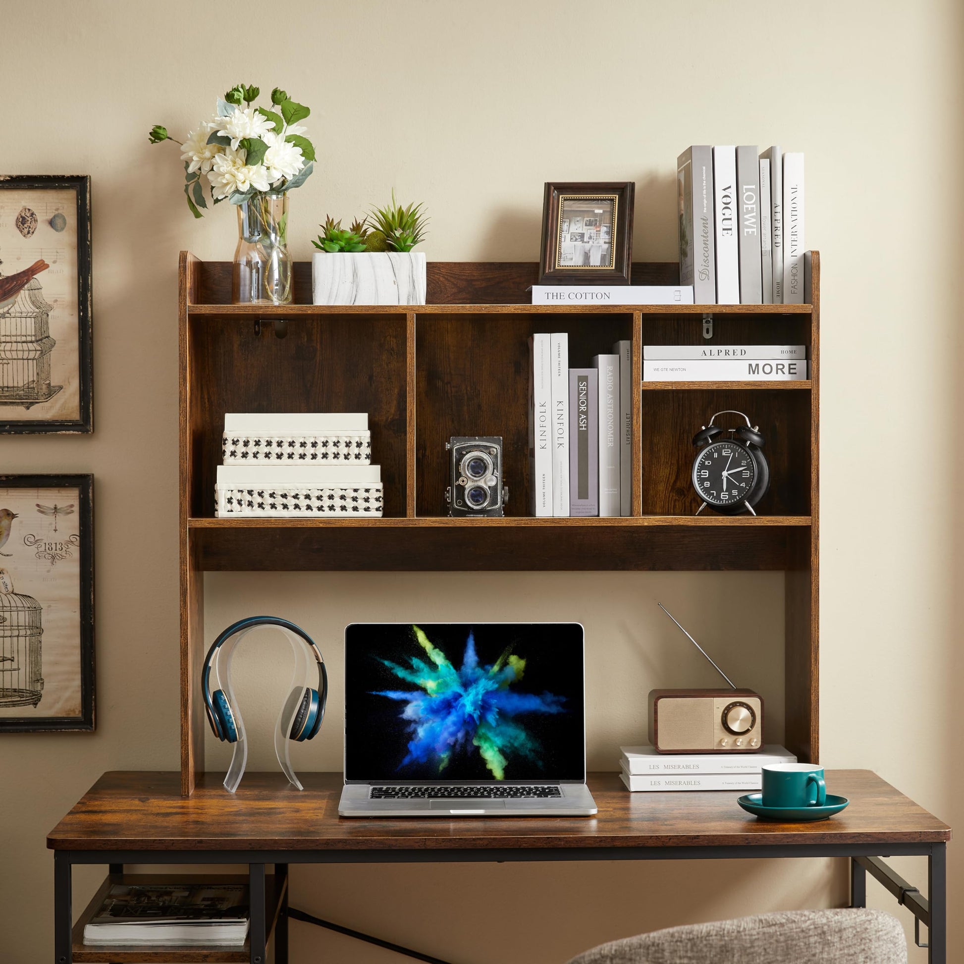 Nromant Desktop Bookshelf, Wooden Desk Storage Hutch with 6 Shelves for Computer Desk, 3-Tier