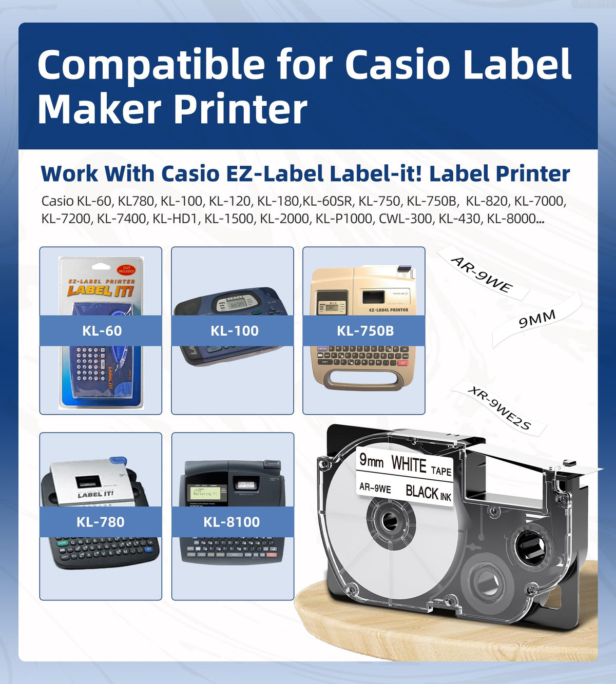 XR-9WE Replace for Casio Label it Tape Cartridge 9mm Xr-9we2s Xr9we2s 3/8"