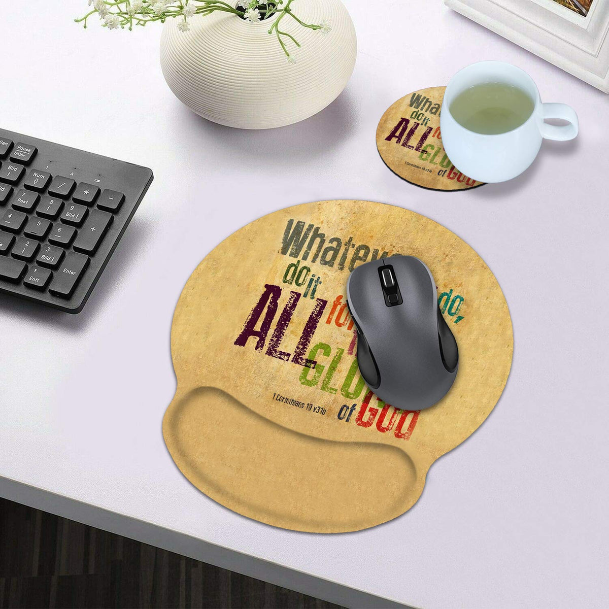 Ergonomic Mouse Pad Wrist Support and Coasters Set, Bible Verse Whatever You do,do it All for The