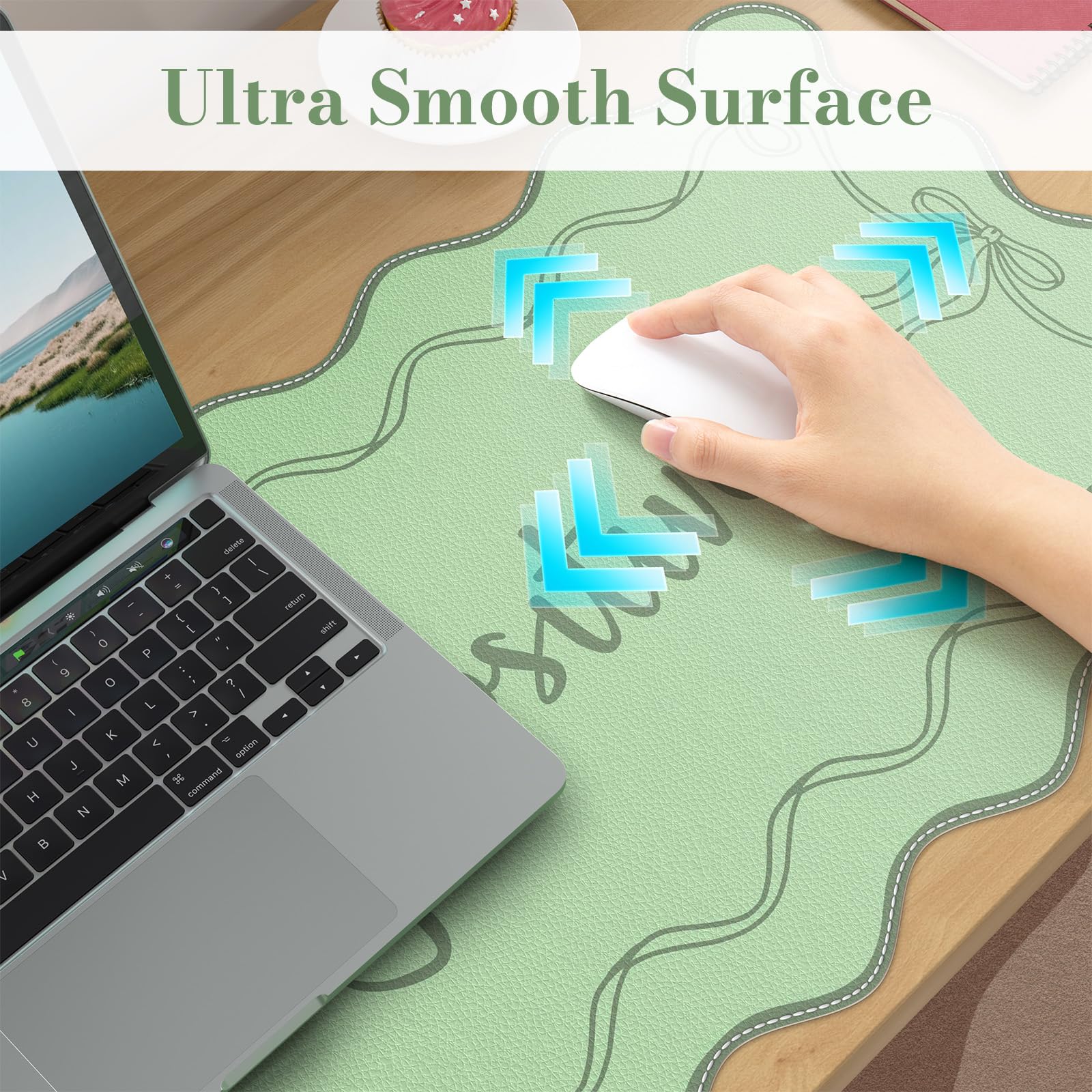 iCasso Green Scalloped Desk Cover Mat, Extra Large Mouse Pad, PU Leather Desk Pad Mat,Waterproof