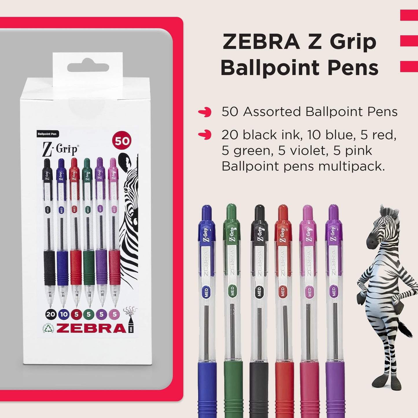 ZEBRA Z GRIP Assorted Ballpoint Pens, Retractable with Smooth Ink, Comfortable Grip and Pocket Clip