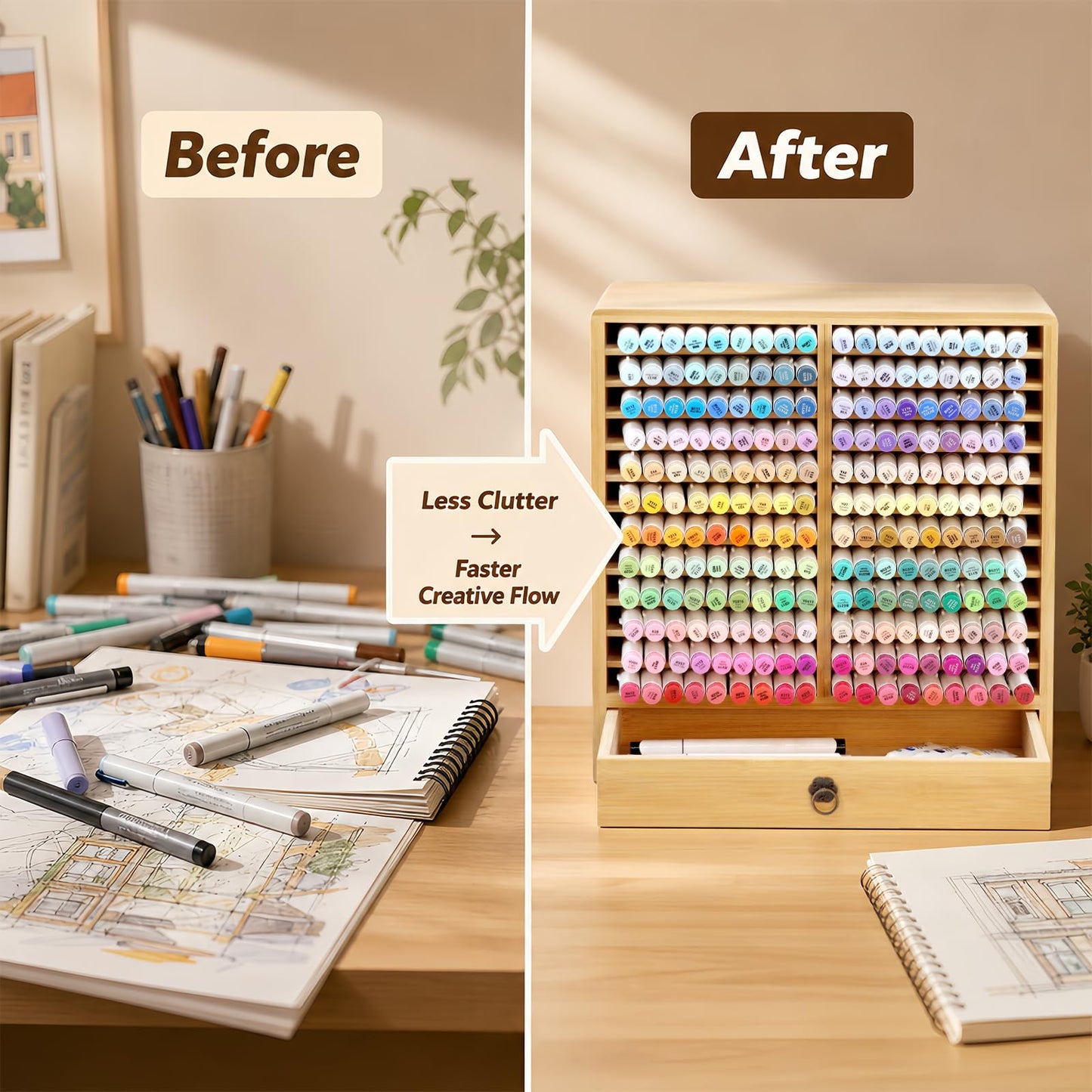 Marker Organizer, 24 Slots Wooden Storage for Up to 216 Markers with Drawer