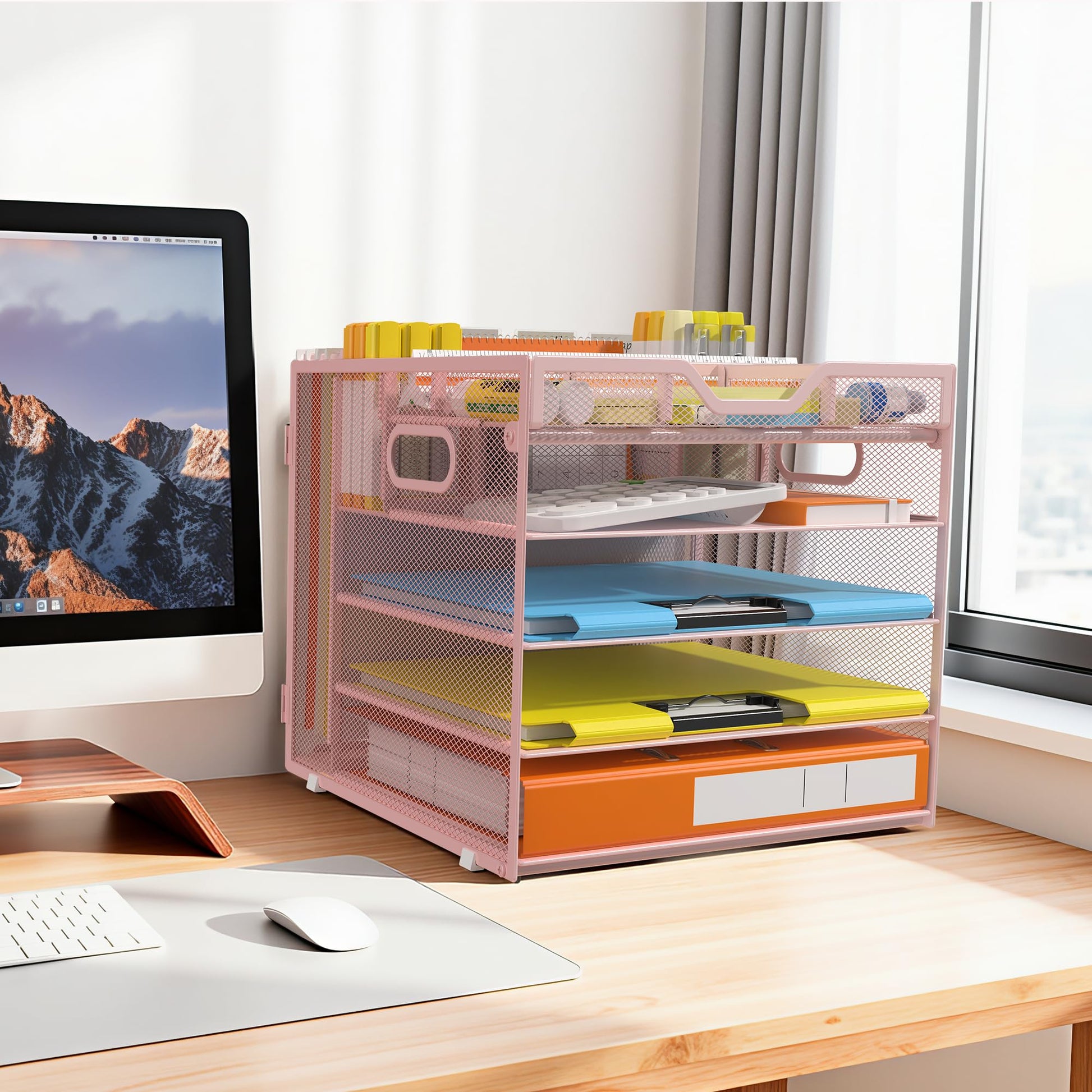 Docnest 5 Tier Desk Organizer with Hanging File Folder Holder&Tray, Pink