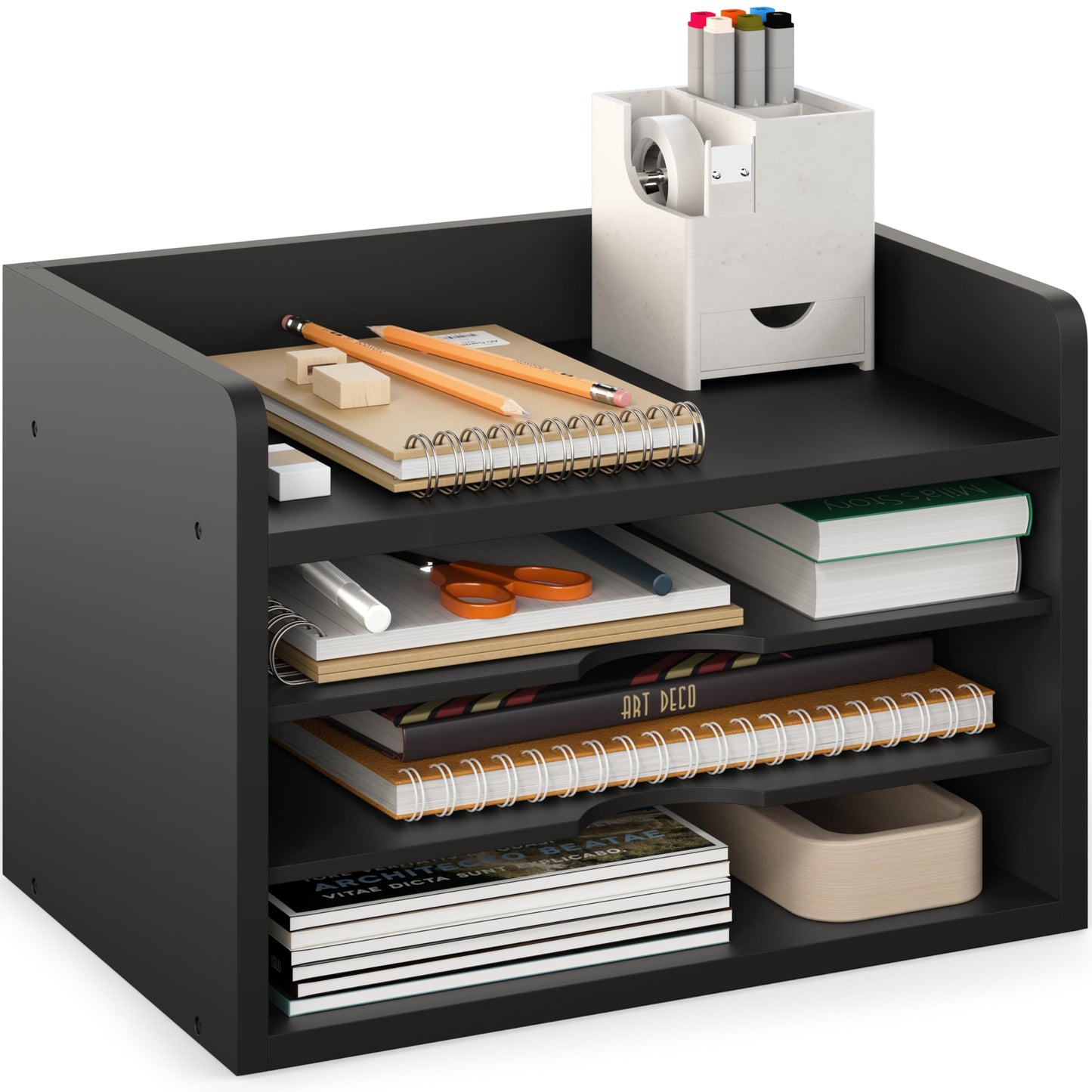 Ballucci File Organizer, 4-Tier Office Desk Organizer, Open Top Wood Paper Organizer for Classroom
