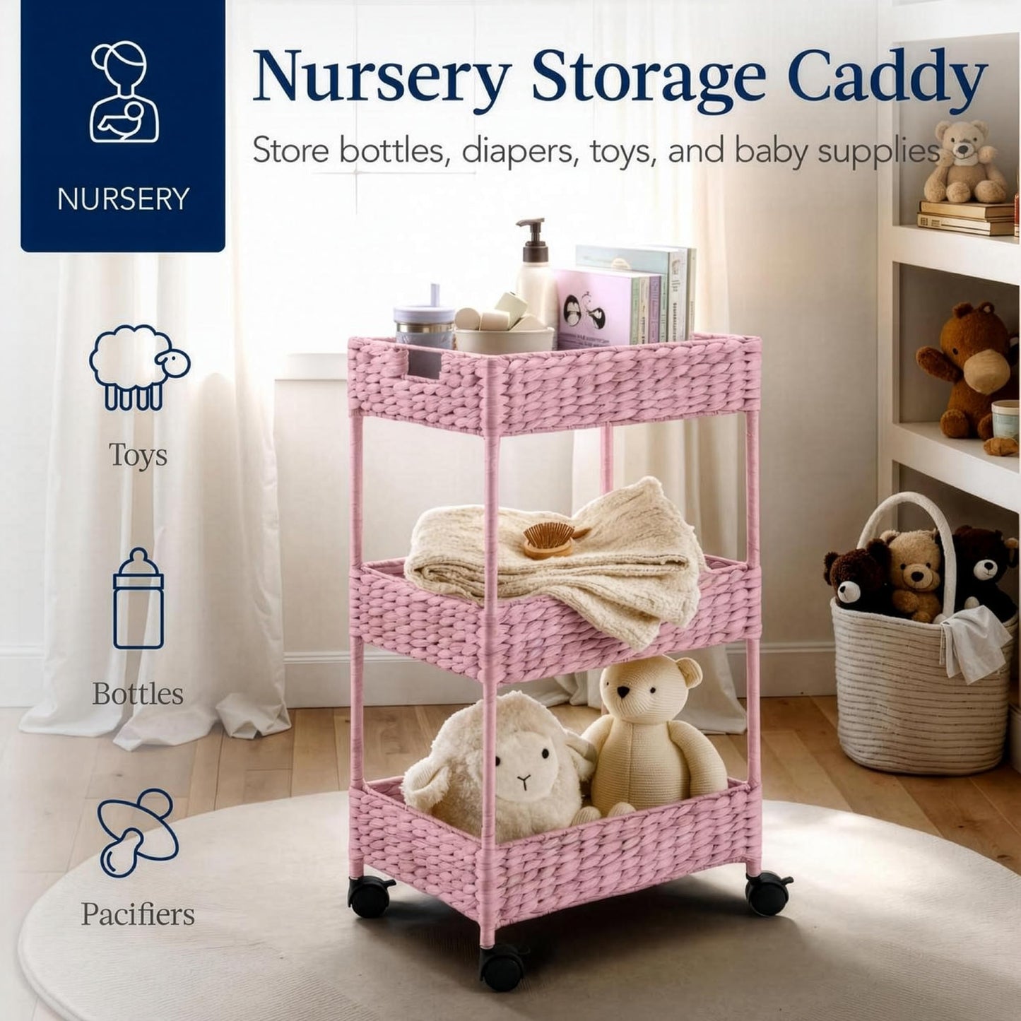 Best Choice Products 3-Tier Water Hyacinth Rolling Nursery Caddy w/Wheels, Utility Cart, Storage