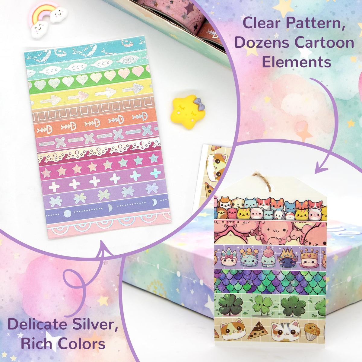 WAPETASHI 50 Rolls Washi Tape Set, Silver Cute Washi Tape for Scrapbooking, Bullet Journal