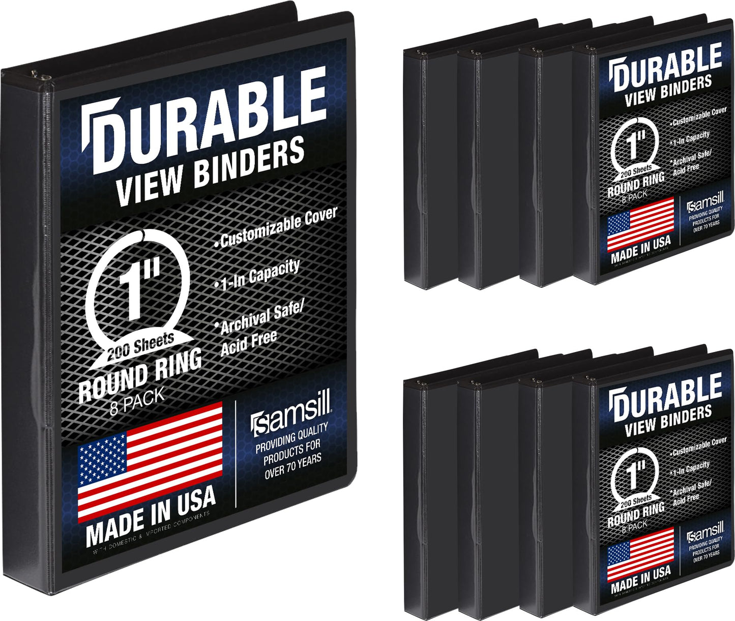 Samsill 8 Pack Durable 1 Inch 3 Ring Binders, Round Ring, Clear View Cover for Presentations, Black