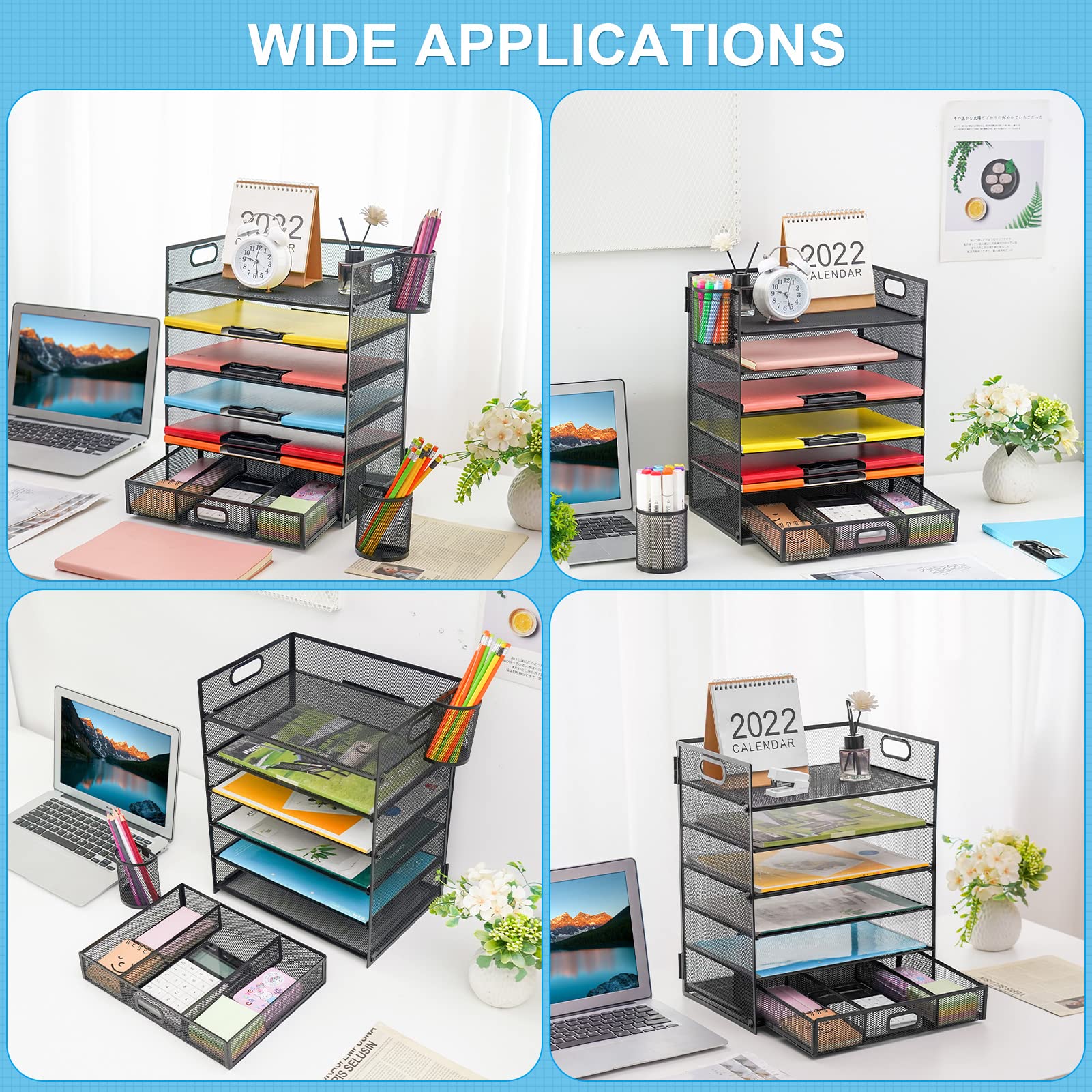 Lavatino 6-Tier Paper Organizer Letter Tray with Drawer - Mesh Desk File Paper Office Supplies