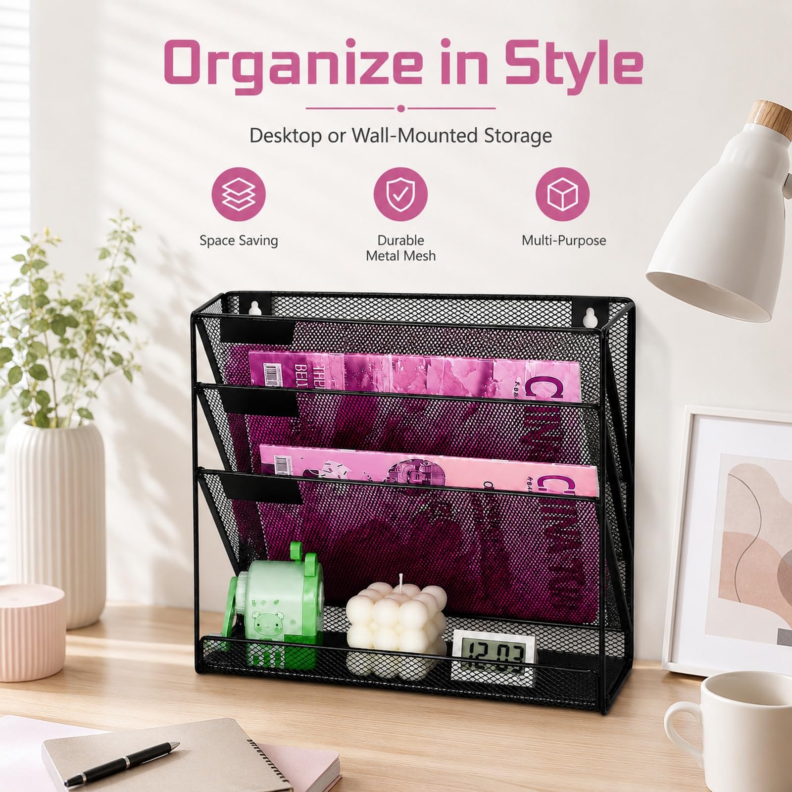 ideallife Mesh Wall File Holder Organizer with Bottom Flat Tray (4 Tier)