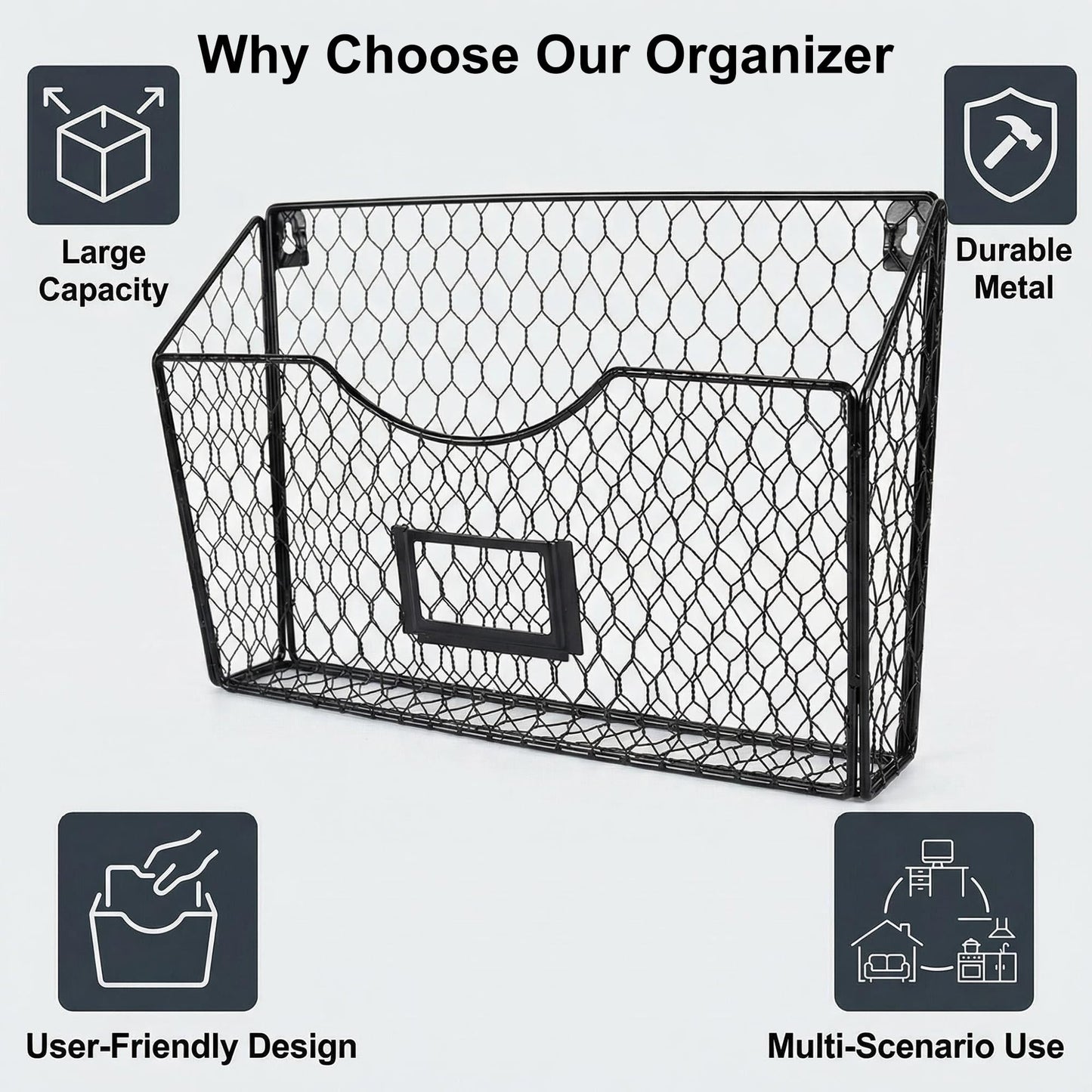 PAG-Mass 3 Pockets Hanging File Holder Wall Mount Mail Organizer Metal Chicken Wire Magazine Rack