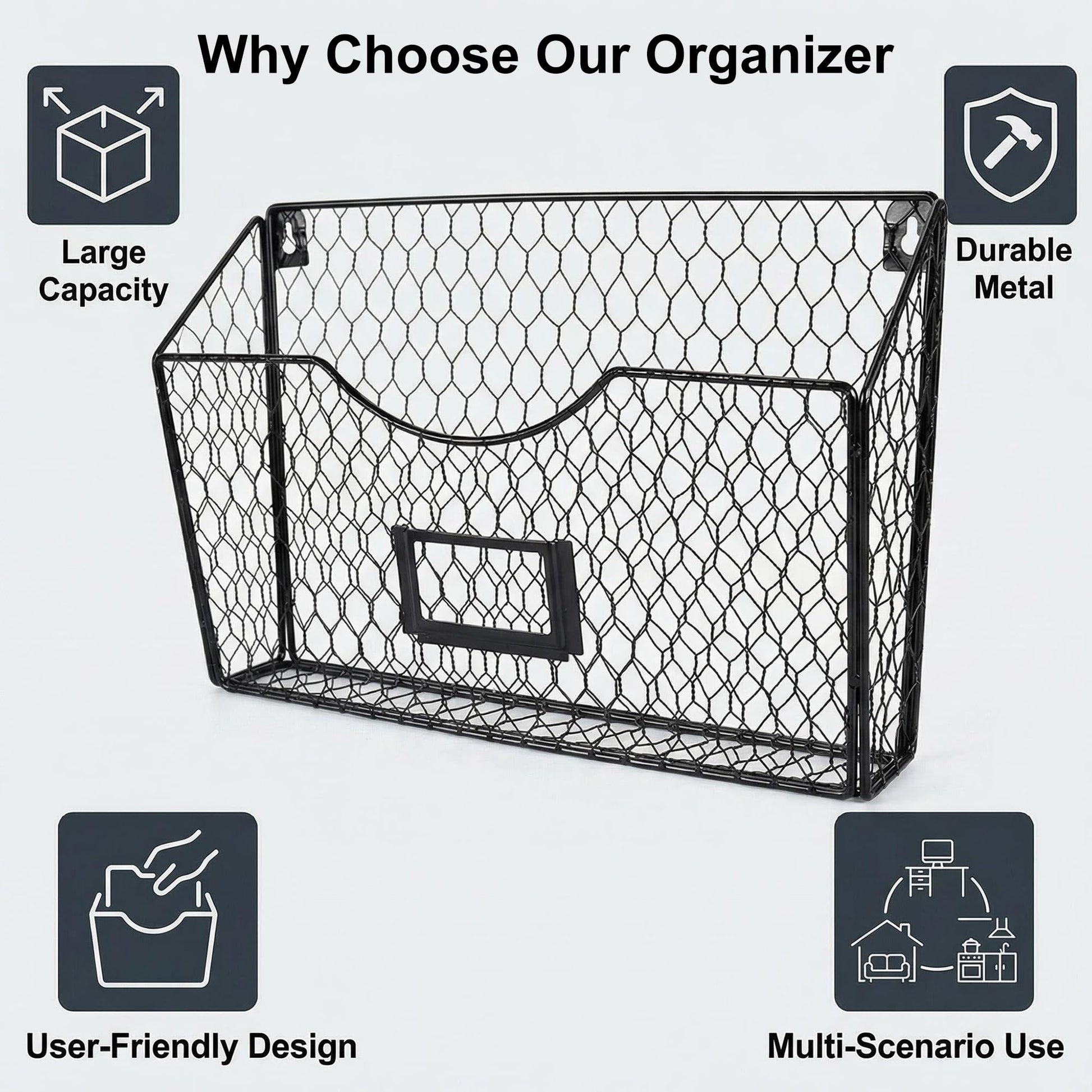 PAG-Mass 3 Pockets Hanging File Holder Wall Mount Mail Organizer Metal Chicken Wire Magazine Rack