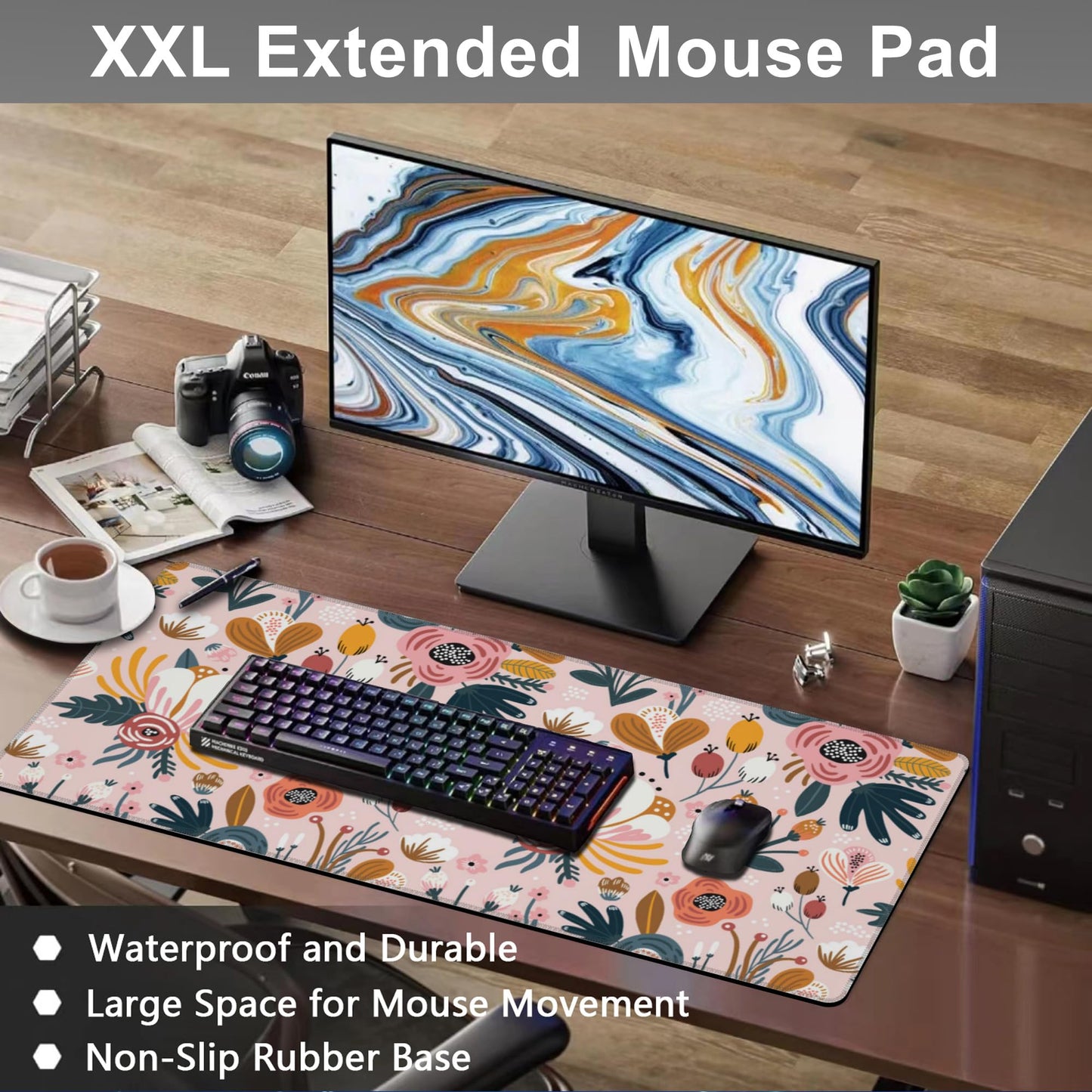 Mouse Pad, Large Colorful Flowers and Berries Desk Mat, Extended Non-Slip Gaming Keyboard Mousepad