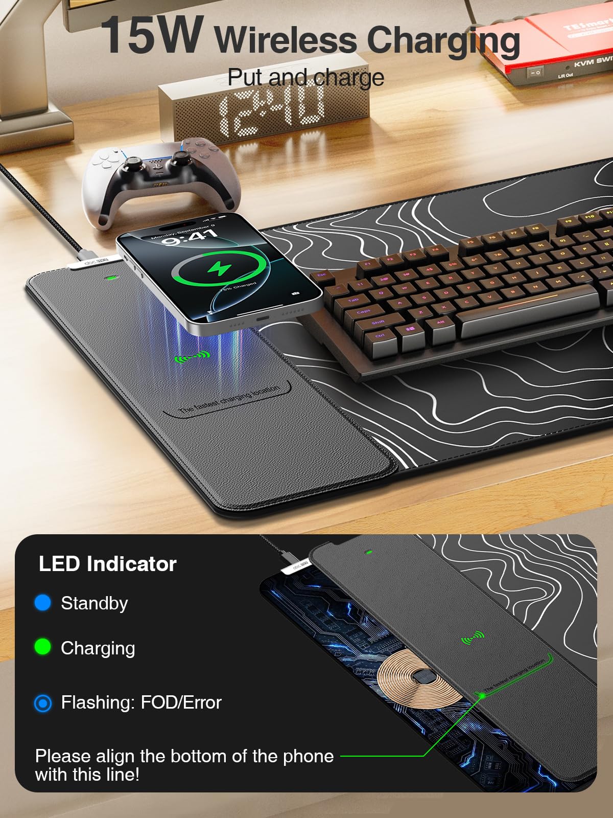 Wireless Charging Mouse Pad, 31.5"x15.8" Large Desk Mat, Smooth Glide