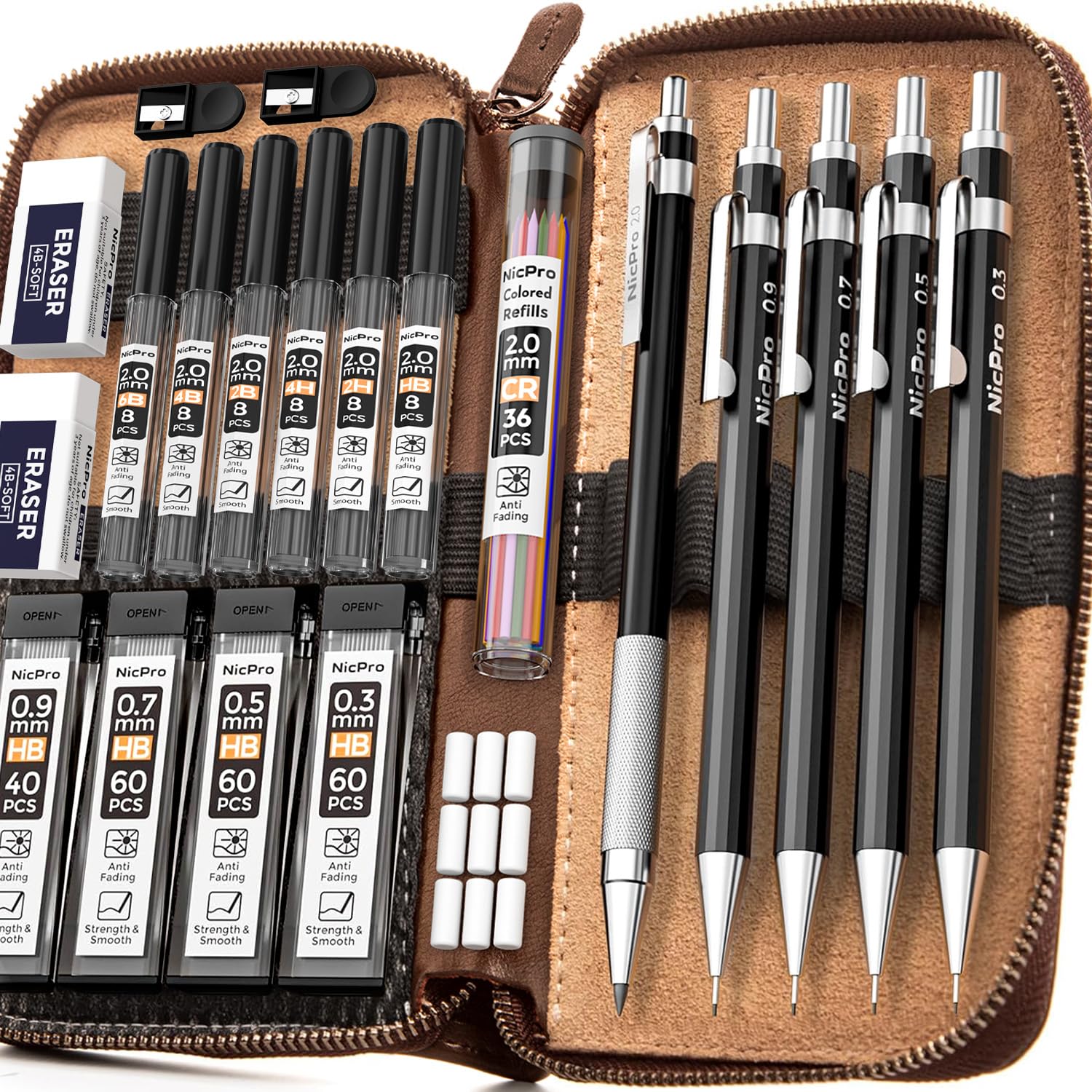 Nicpro 29PCS Black Metal Mechanical Pencil Set in Leather Case, 0.3, 0.5, 0.7, 0.9 & 2mm Lead