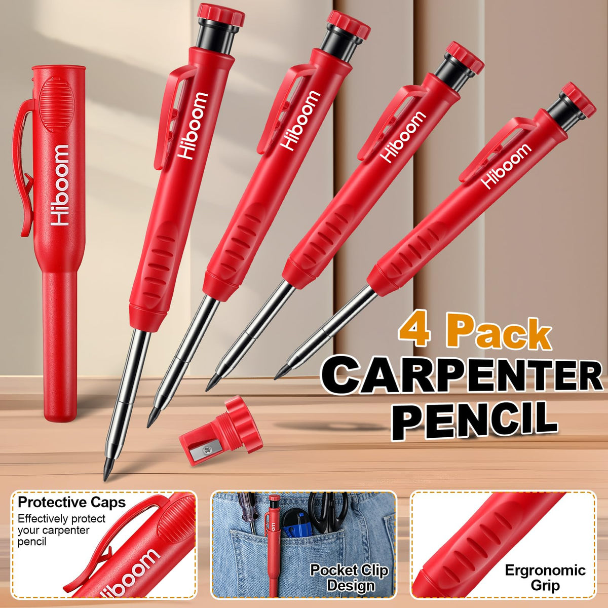 Hiboom 4 Pack Carpenter Pencil with 36 Refills Built In Sharpener (Red)