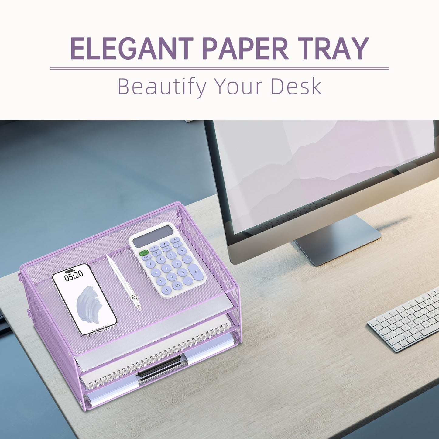 DALTACK 3 Tier Letter Tray Paper Organizer with Sliding Mesh Trays Purple