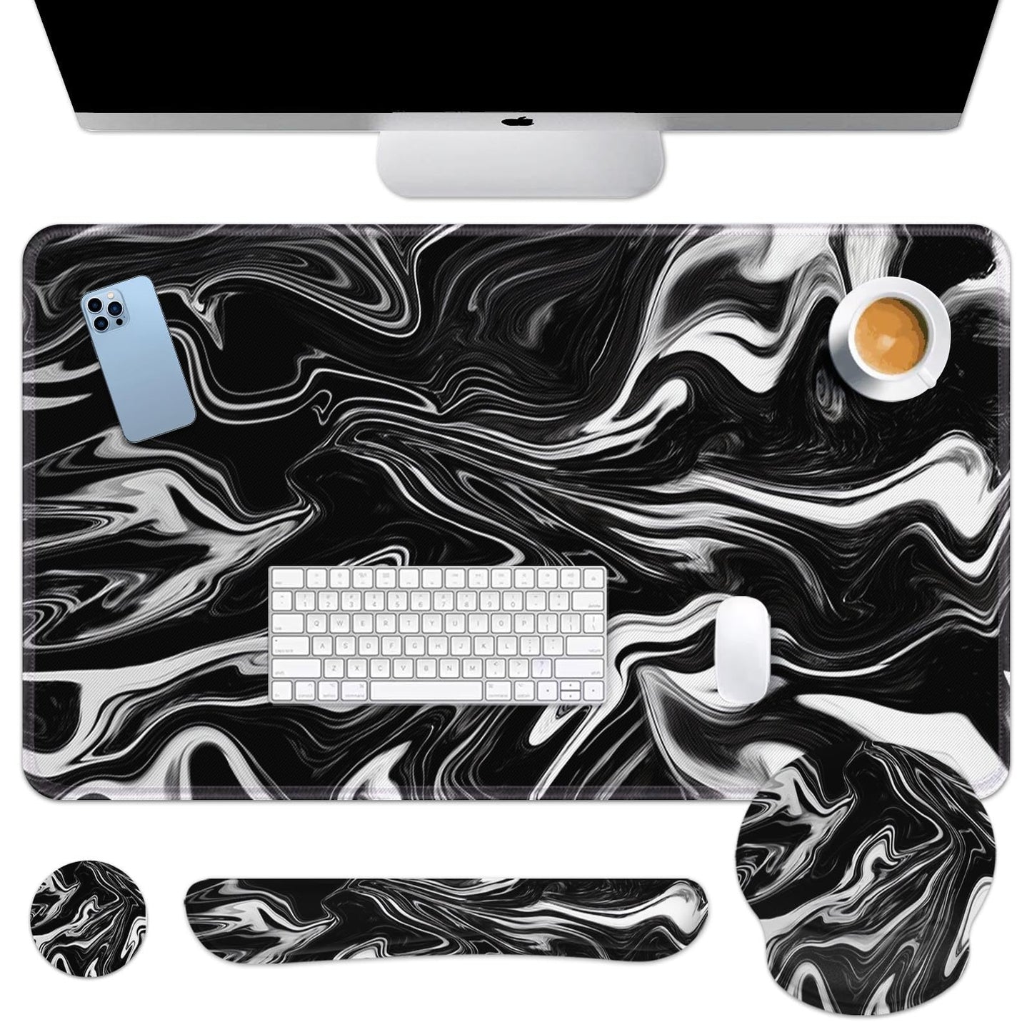 Britimes Keyboard Mouse Pad Set, 4 in 1 Desk Mat Set, Black White Marble