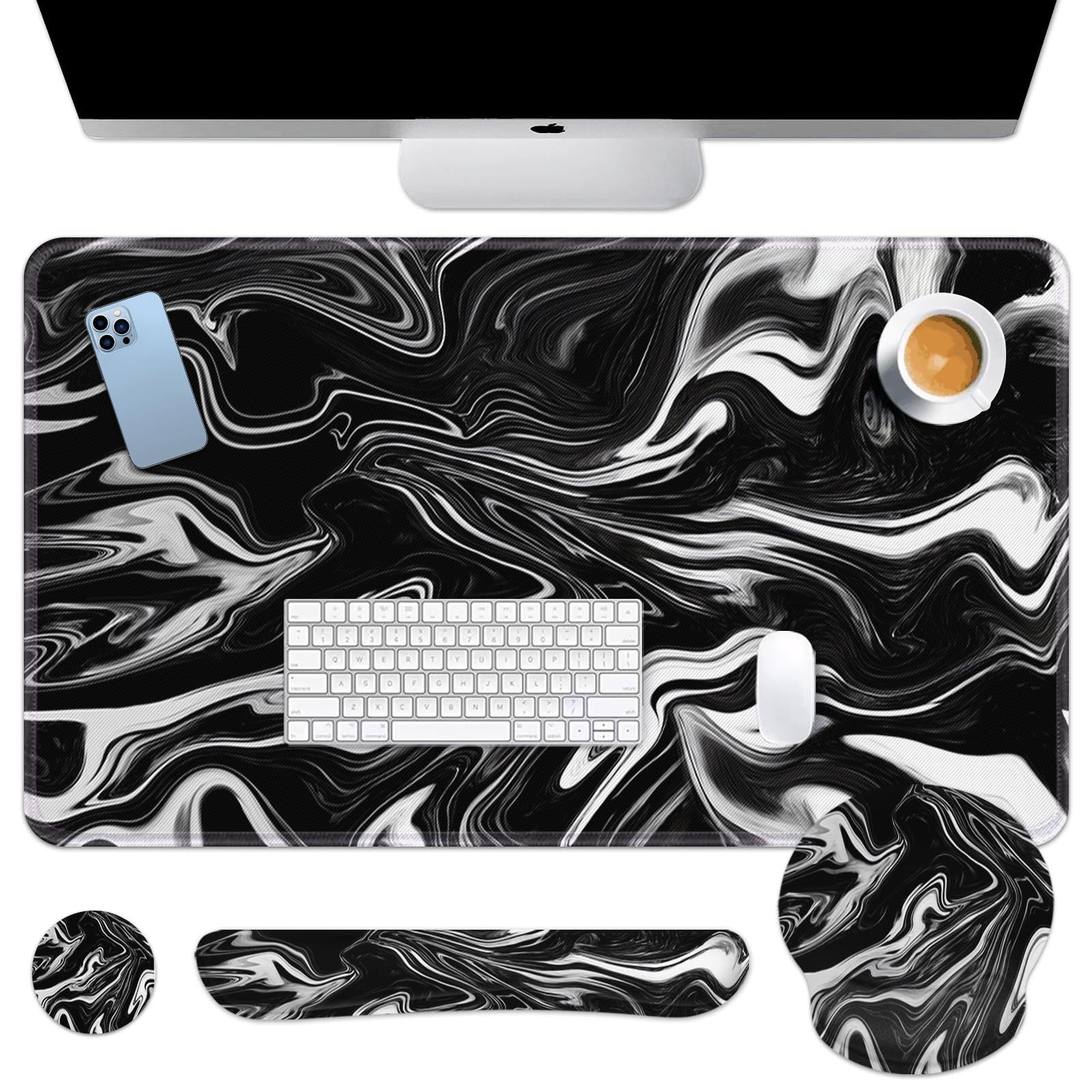 Britimes Keyboard Mouse Pad Set, 4 in 1 Desk Mat Set, Black White Marble